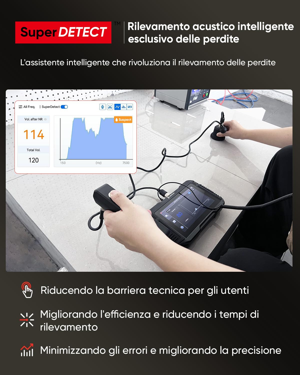 HIKMICRO AD21S Rilevatore acustico di perdite d'acqua | Strumento professionale per la rilevazione di perdite in tubi sotterranei interni con cuffie e custodia