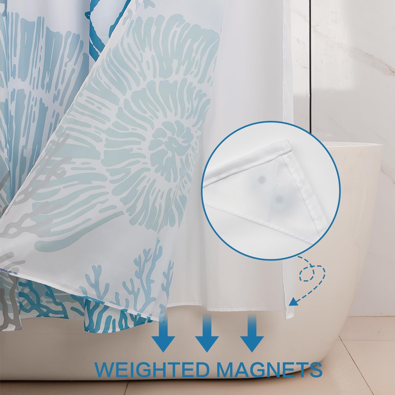 DASHAN No Hook Shower Curtain with Snap in Liner, Blue Nautical Coastal Shower Curtains for Bathroom, Tropical Beach Ocean Starfish Bathroom Curtains Hotel Fabric Bath Curtain 71"x74"