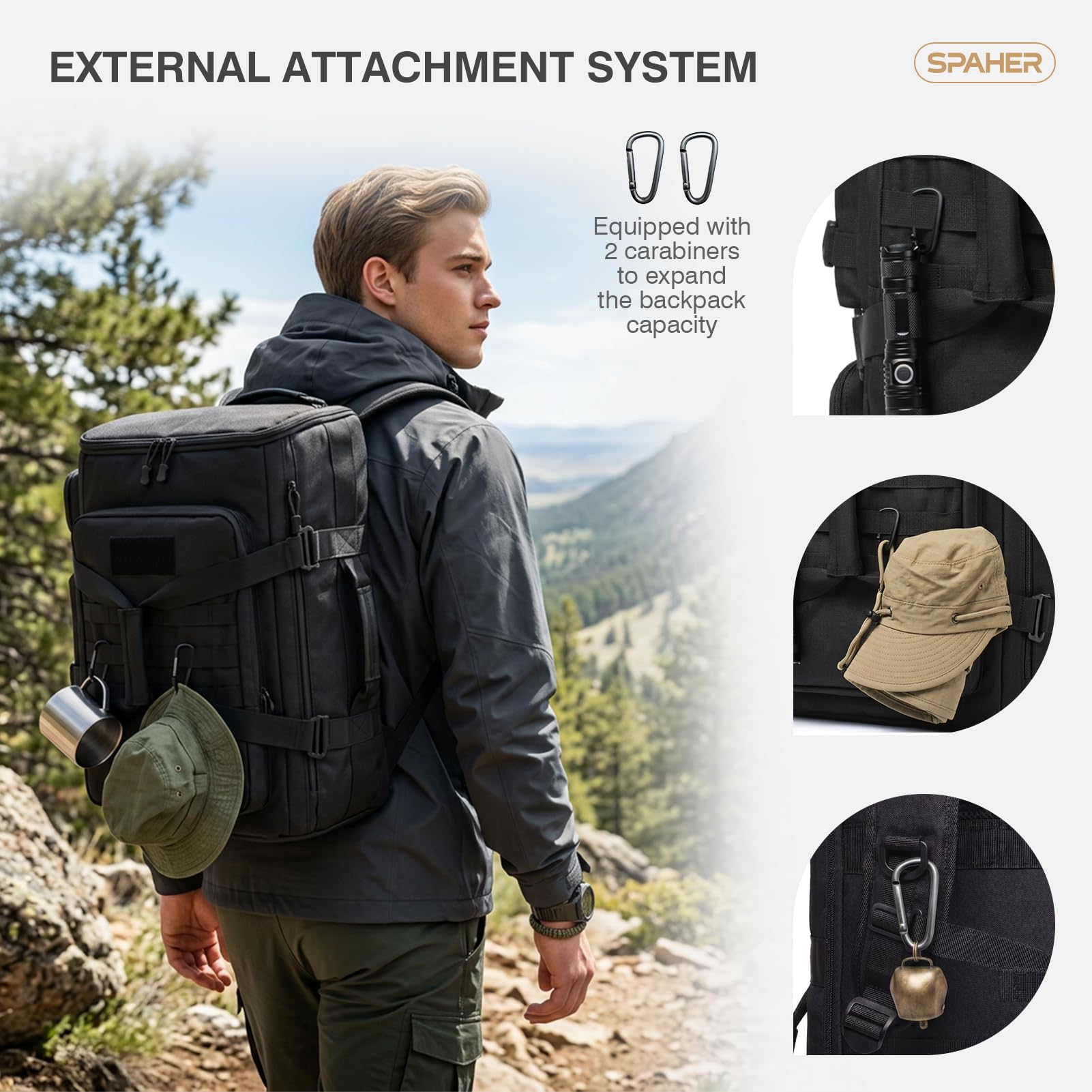 SPAHER 50L Sac à Dos Voyage Randonnée Tactique 55x35x25 Bagage Cabine Air France KLM Sac à Dos Cabine Avion Imperméable Grande Bagage à Main Femme Homme pour Trekking Sport Camping, Nior