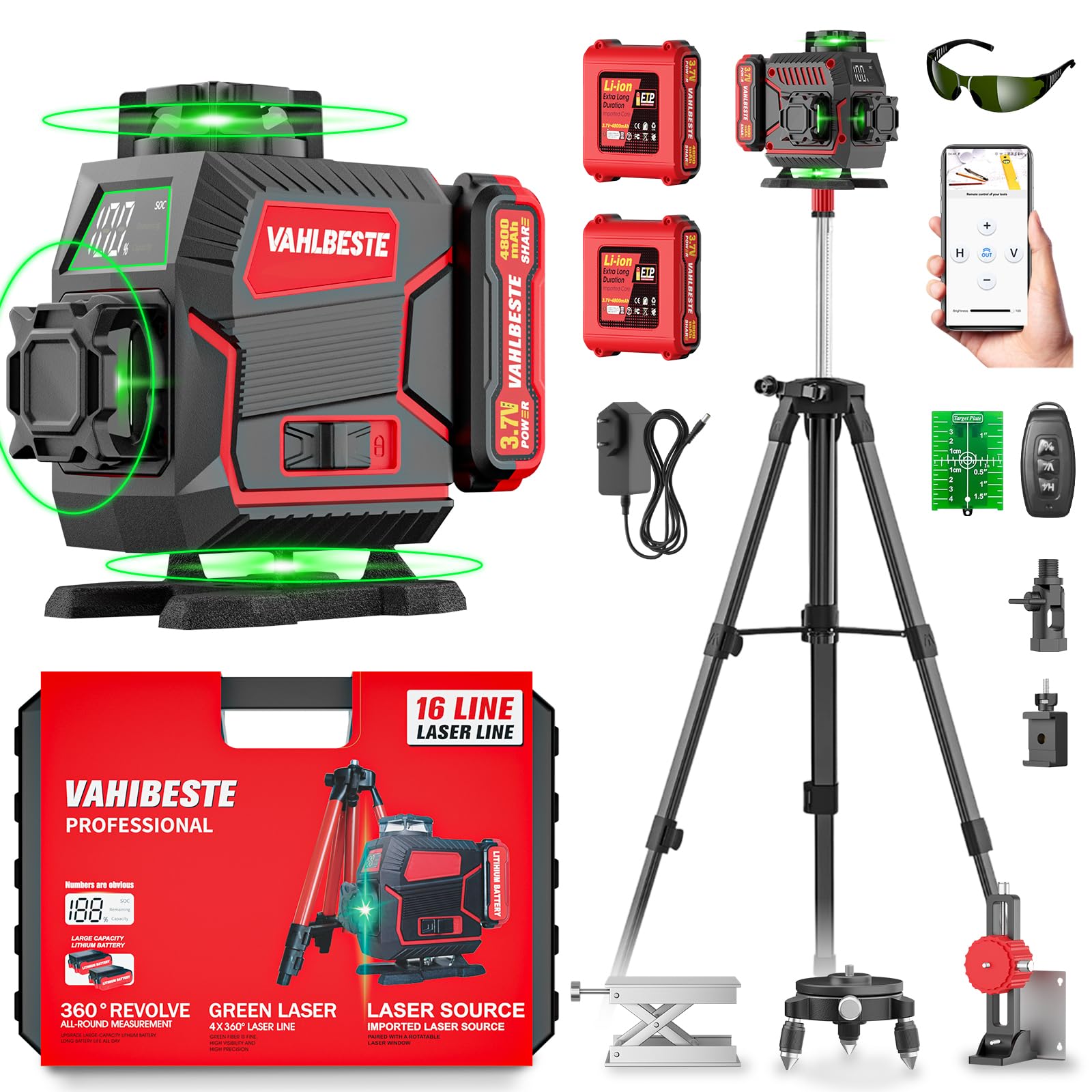Niveau Laser avec Trepied, 4D 16 Lignes Laser Chantier avec 2x4800mAh Batterie et Affichage LED, Niveau Laser 360 Autonivelant, Télécommande, APP, IP54 pour la Construction
