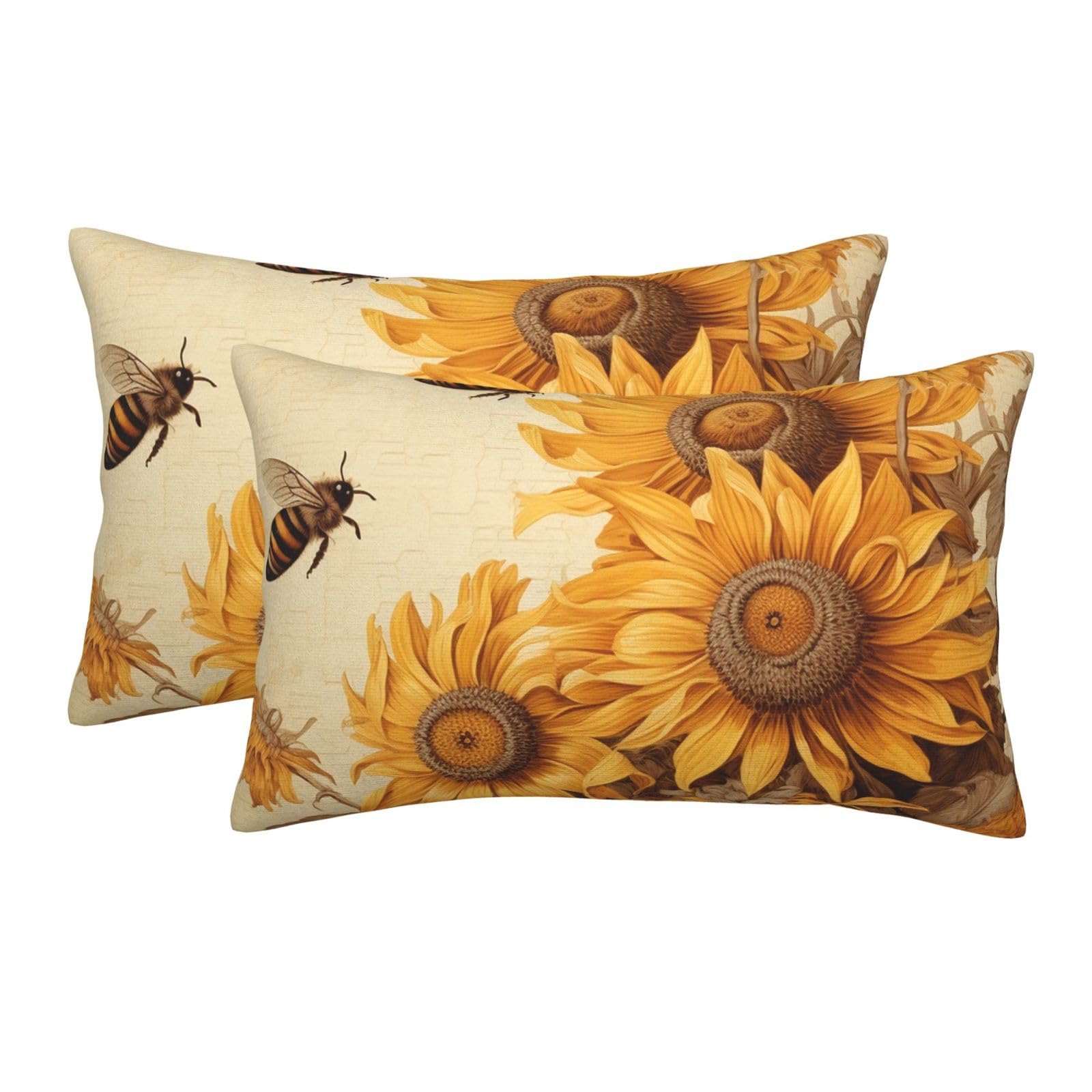 2 Pack Standard Size Pillow Cases for Hair and Skin Soft Breathable Pillow Case Covers with Hidden Zipper Bees and Sunflowers Pillowcase 14"x20" Pillow Cover for Sleeping Gift
