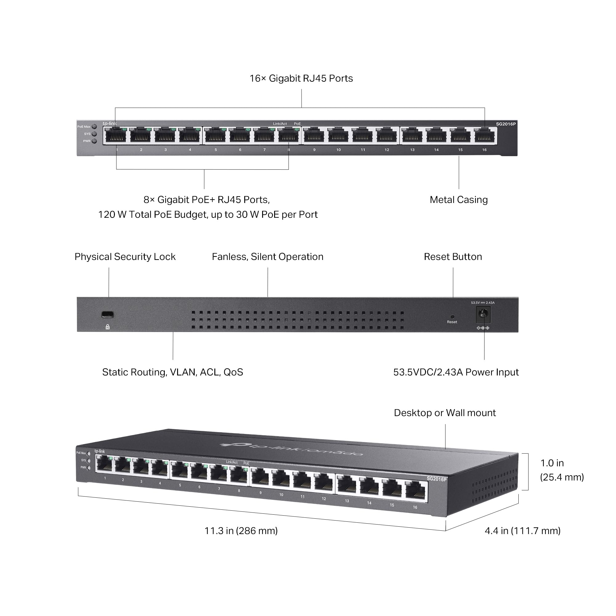TP-Link Omada SG2016P Commutateur Gigabit 16 Ports | 8 Ports PoE+ @120 W | Gestion Intelligente | Prise en Charge SDN | Routage Statique | QoS L2/L3/L4 | Garantie