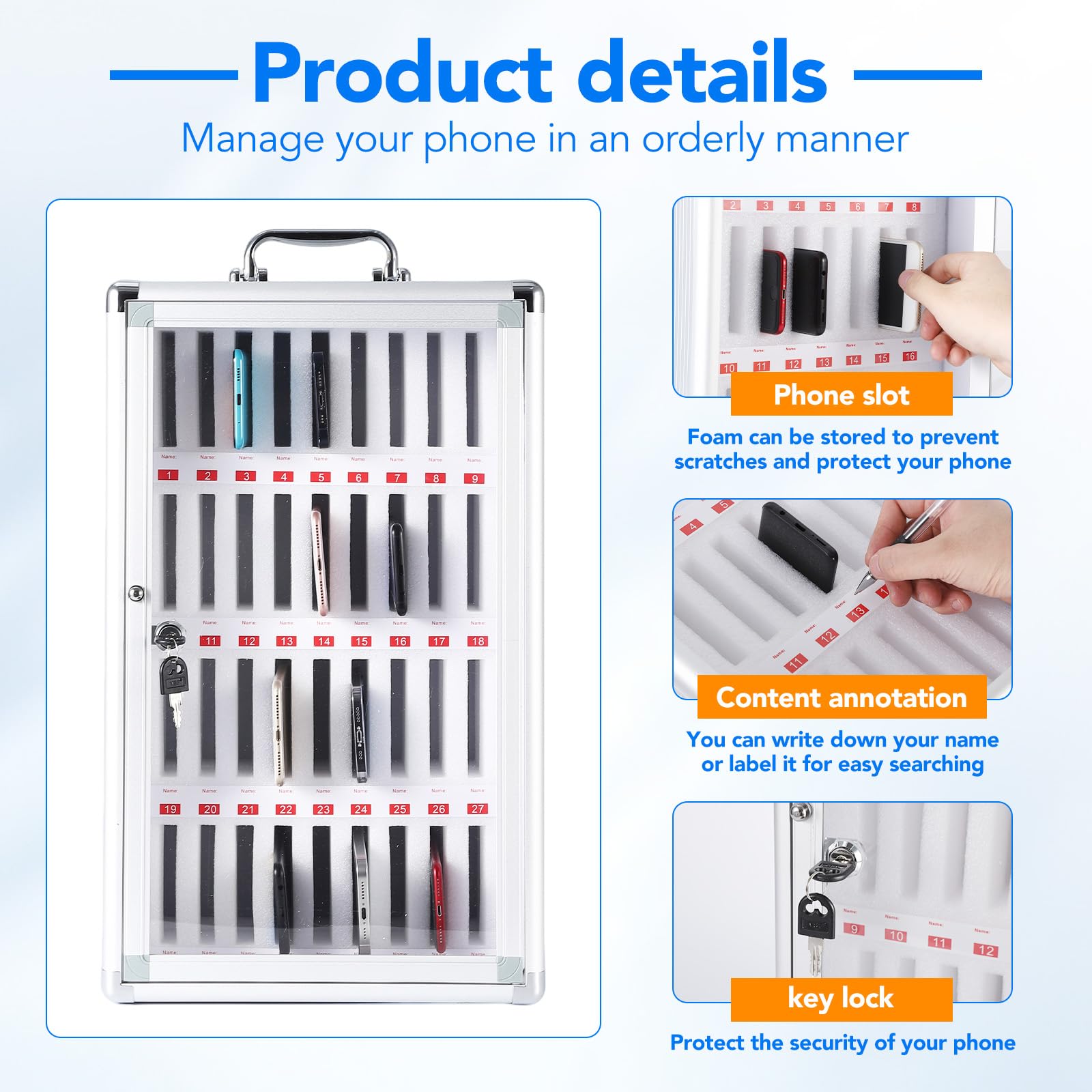 Garvee Handy-Aufbewahrungsschrank 36 Handys, Handy Safe mit Schloss, Wandmontage & Tragbarer Handy-Organizer, Aluminiumlegierung, Silber