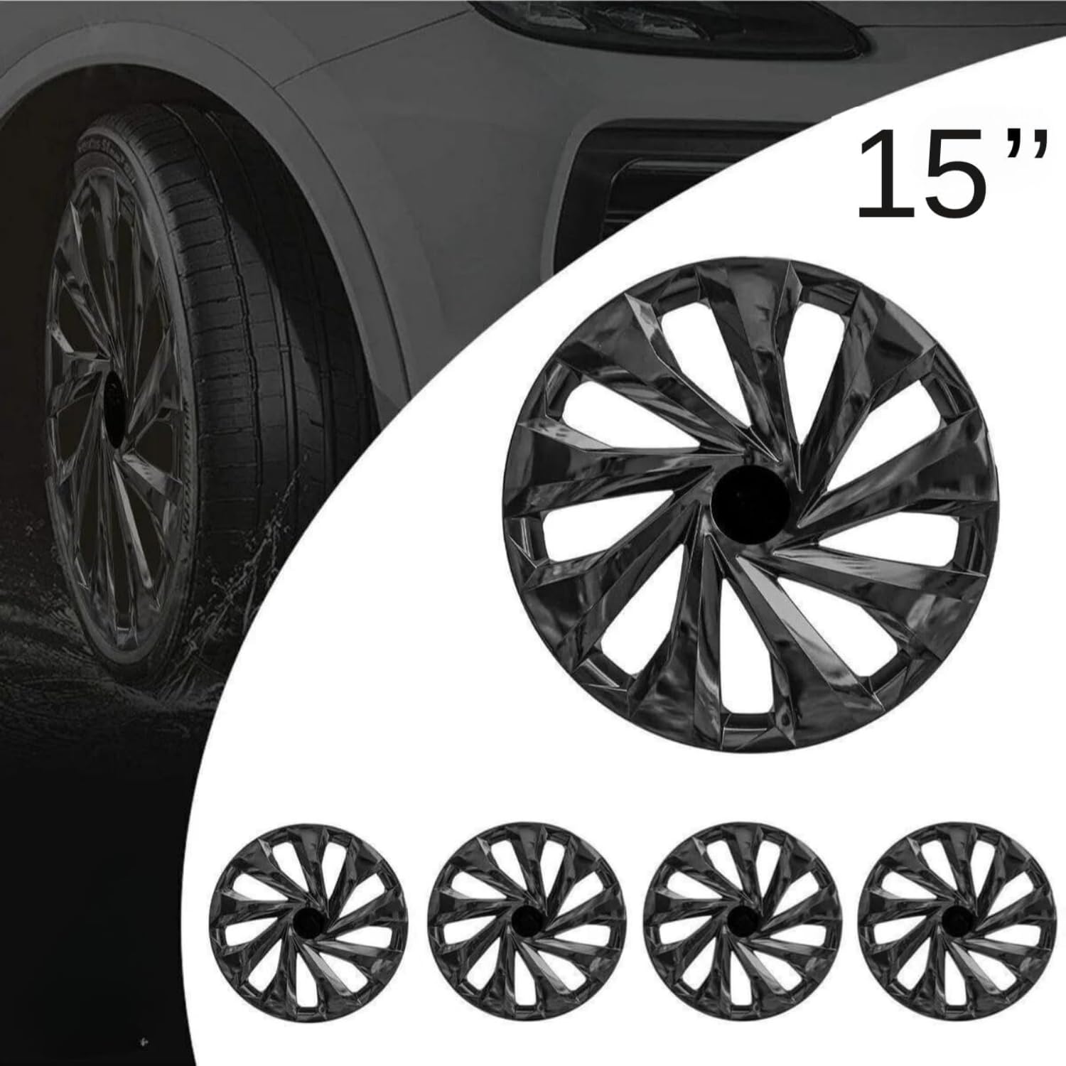 Trimak Set di 4 copricerchi da 15 pollici, colore nero, design a vento