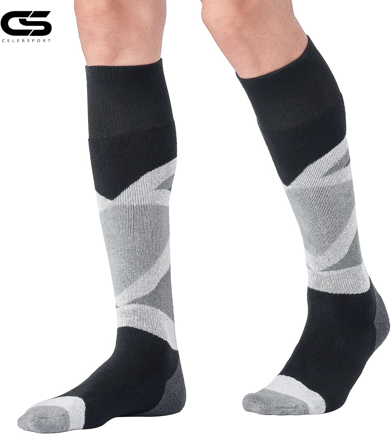 CS CELERSPORT 2 Pack Merino Wool Men's Ski Socks with Full Cushion, Winter Warm Thermal Socks for Skiing Snowboarding, Light Grey+Orange, Large - Image 4