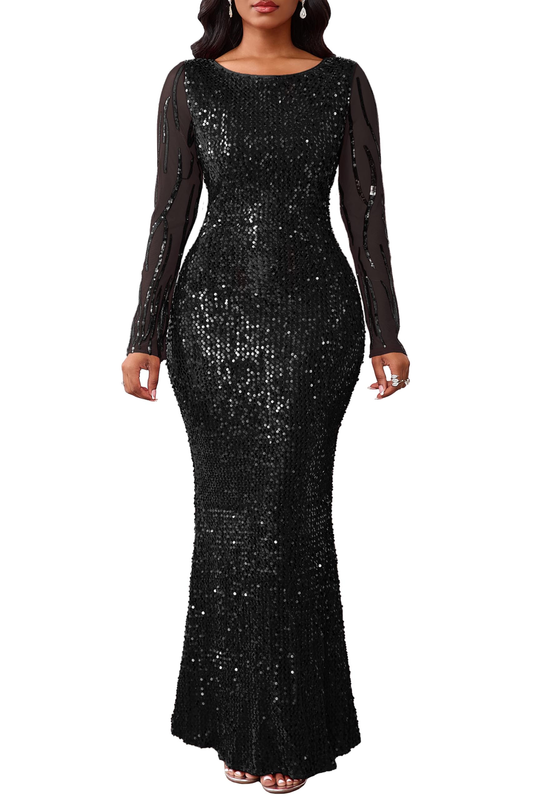 VERWIN Damen Pailletten Bodycon Rundhals Langarm Sparkly Meerjungfrau Maxikleid für Casual Party Cocktail