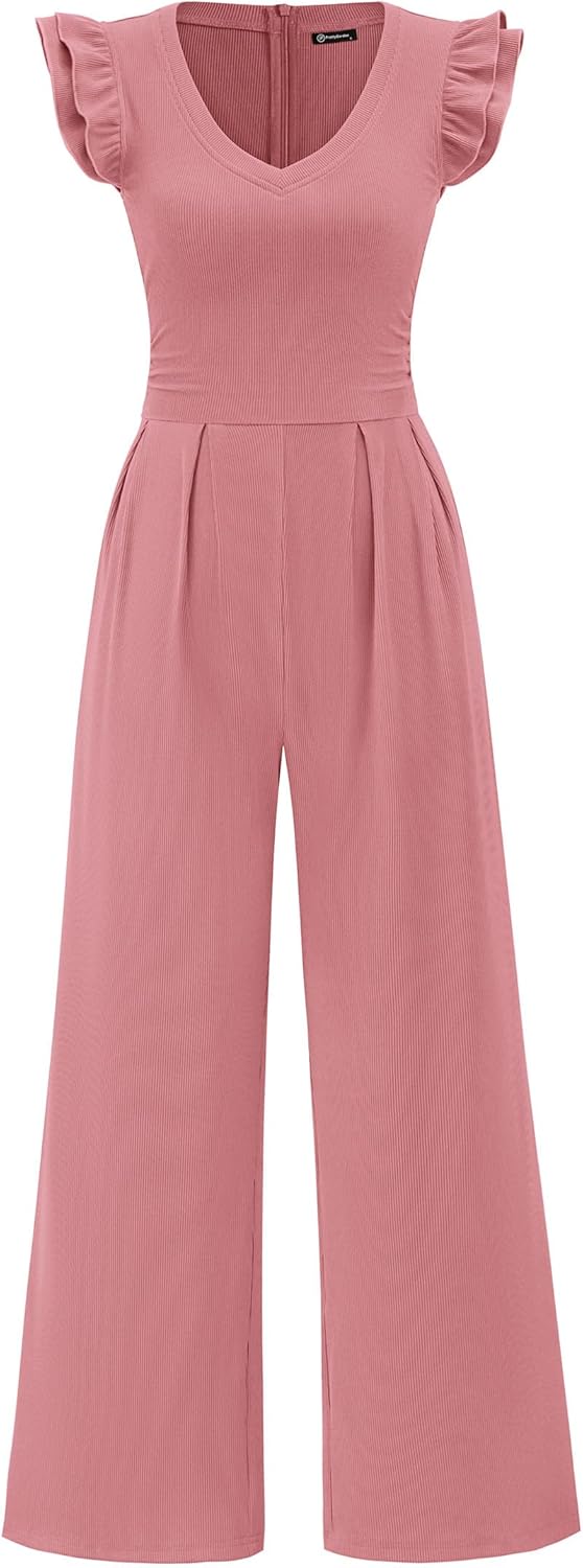 PRETTYGARDEN One Piece Jumpsuits For Women Dressy Ruffle Cap Sleeve V Neck Ribbed Knit Wide Leg Romper Casual Spring Outfits