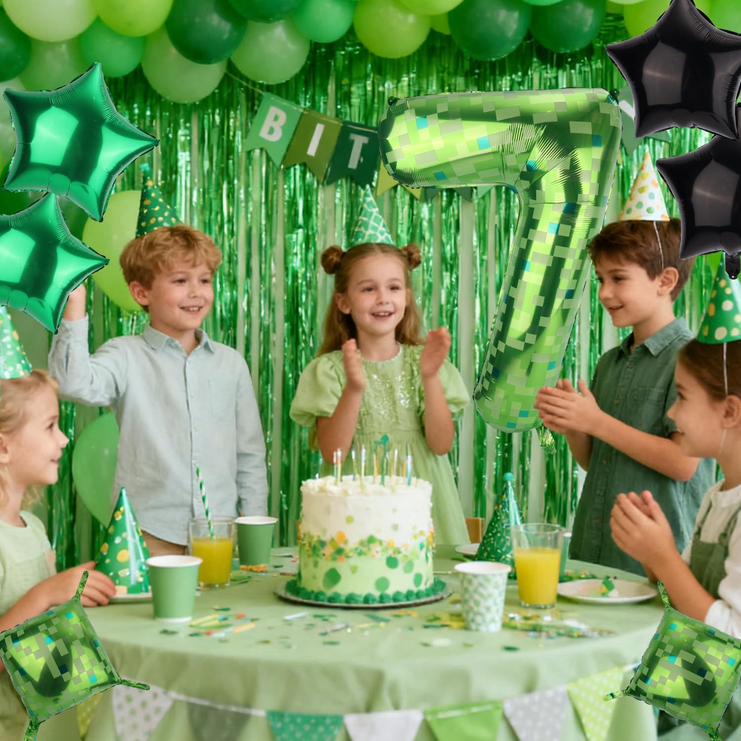 Pixel Balloon Set, 40 Inch/101cm Foil Star Cube Green Number Balloon for Pixel Birthday Game Theme Party Decorations (7)