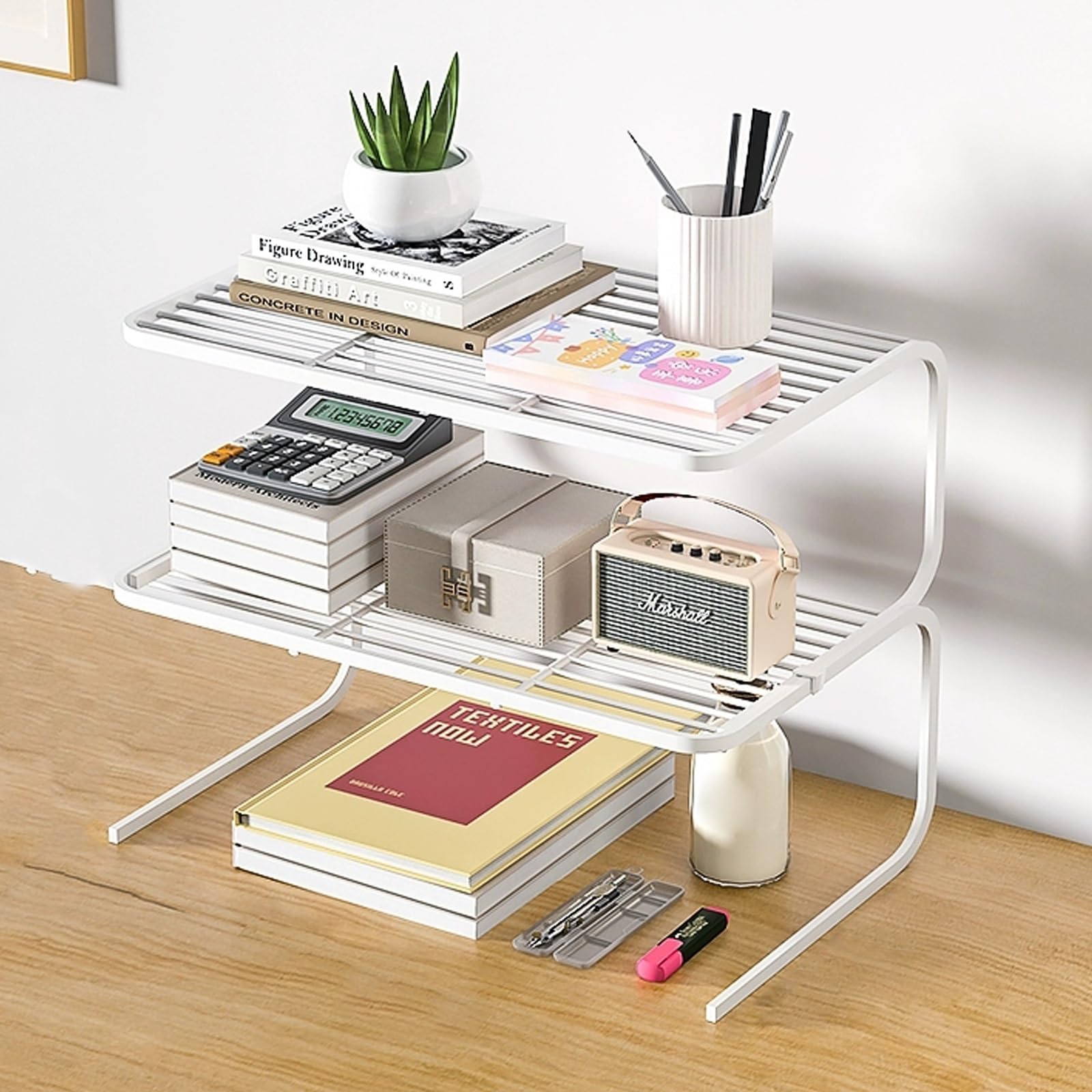 Large White Desk Shelf, Multi-Layer Workstation Storage Rack, Stylish Bookshelf for Office & Dorm, Space-Saving Desk Accessories, Home & Office Furniture