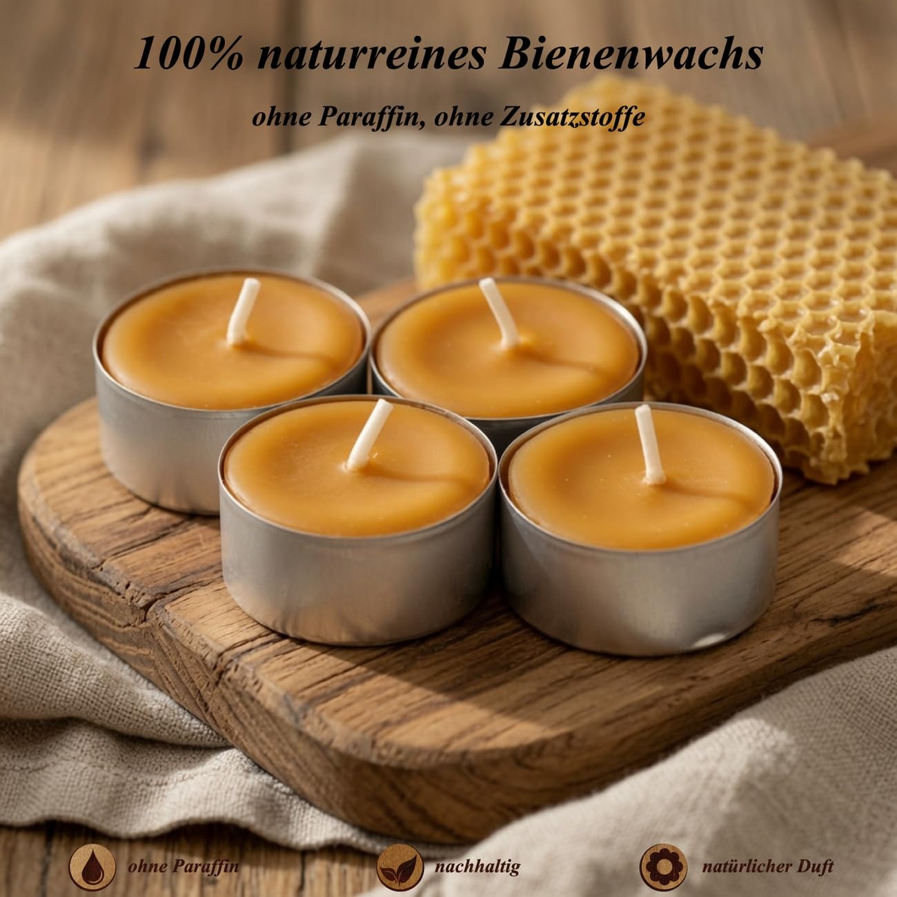 Bienenwachs Teelichter 100% naturrein 38mm, natürliche Duftkerzen, Baumwoll Docht, ca. 3,5h Brenndauer, Made in Germany, Set Auswahl