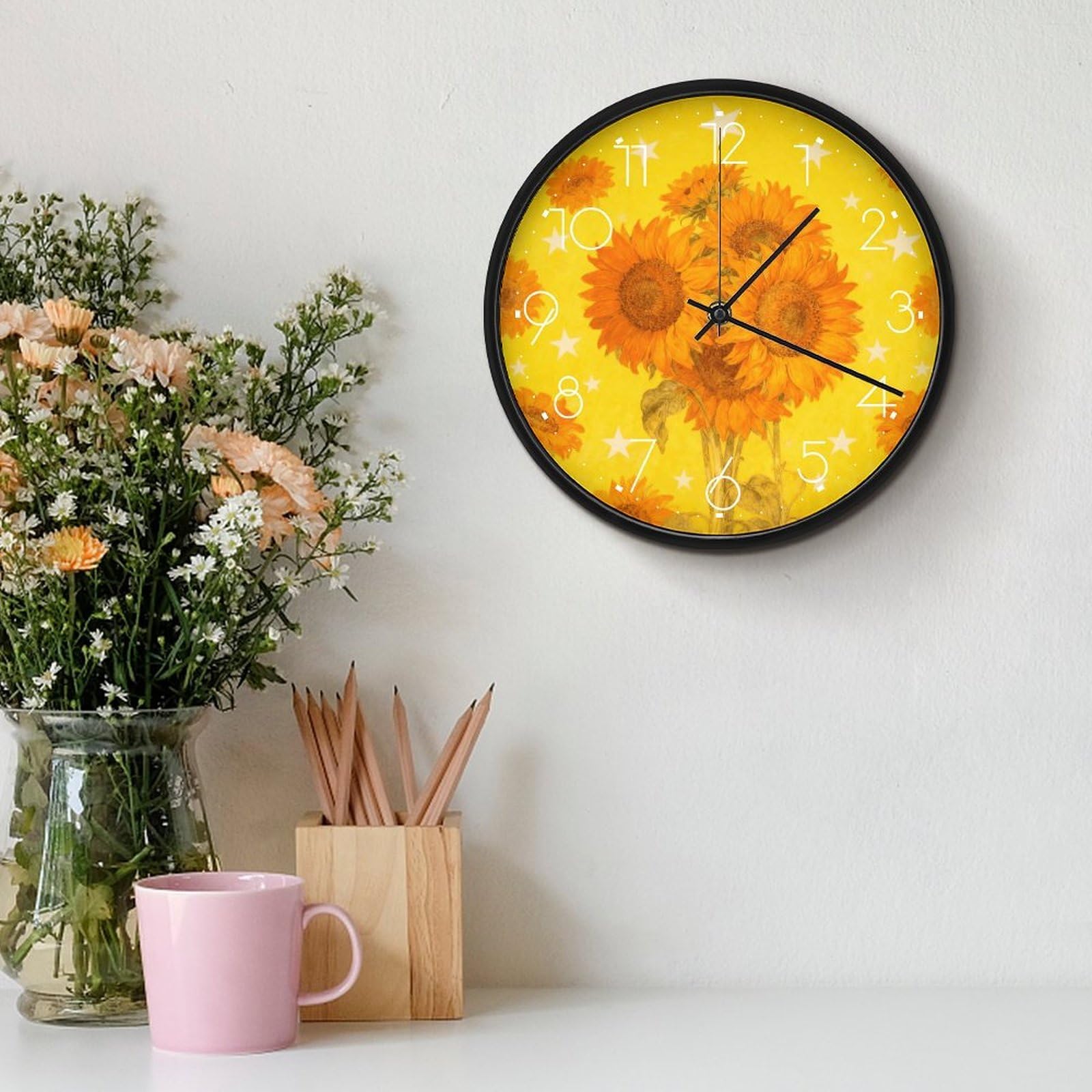 VIDI Horloge murale à motif tournesol et étoiles, horloge murale silencieuse à piles, 25,4 cm, horloge analogique moderne sans tic-tac, décoration pour cuisine, bureau, salle de bain, chambre à
