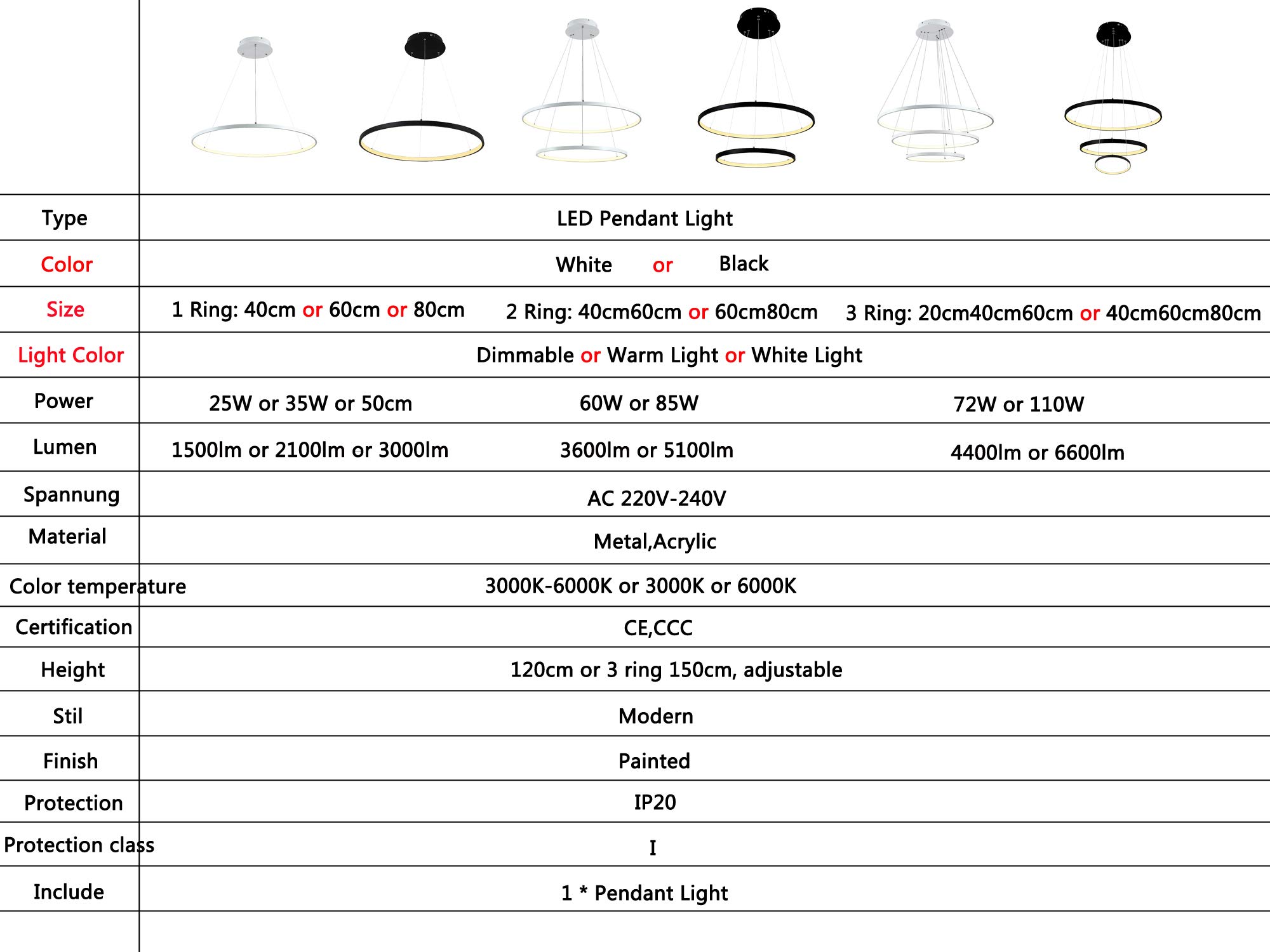 Lámpara colgante LED Moderna, lámpara contemporánea para iluminación Interior, 3 anillos, Blanca, 40 cm, 60 cm, 80 cm, cómoda