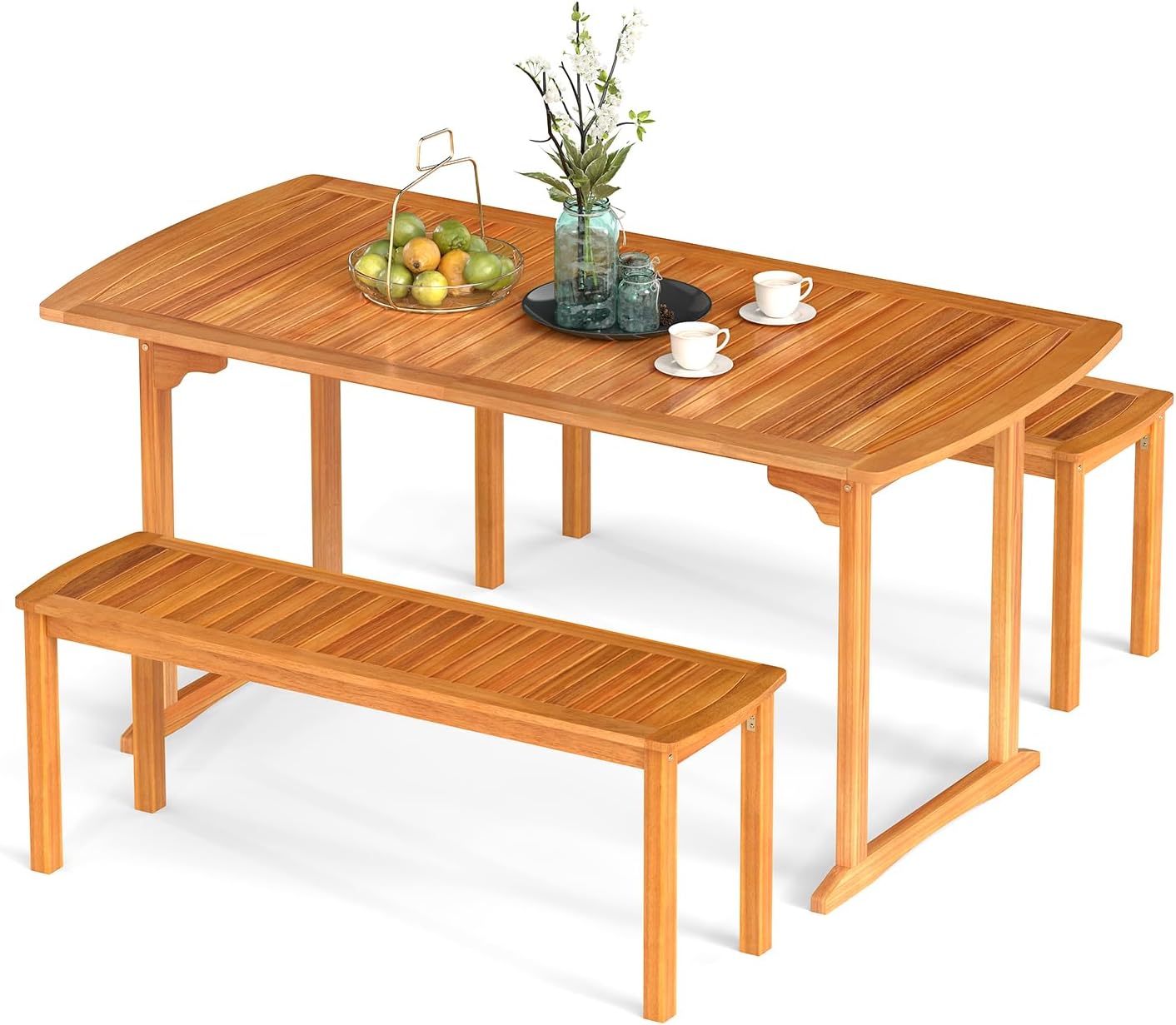 Tangkula 3 Piece Acacia Wood Patio Dining Table Set, 63" Large Patio Table & 2 Backless Benches w/Umbrella Hole, Farmhouse Indoor Outdoor Diner Furniture for Garden Poolside Deck Kitchen