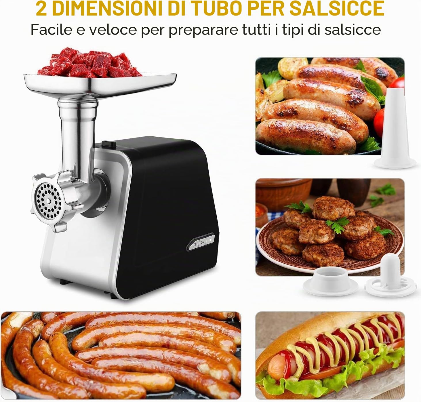 COOCHEER Tritacarne Elettrico 2000W Professionale, 3-IN-1 Tritacarne con 3 piastre di macinazione, Attacco per Salsiccia e Kubbe, Robot da Cucina per Carne, Salsiccia, Kebbe