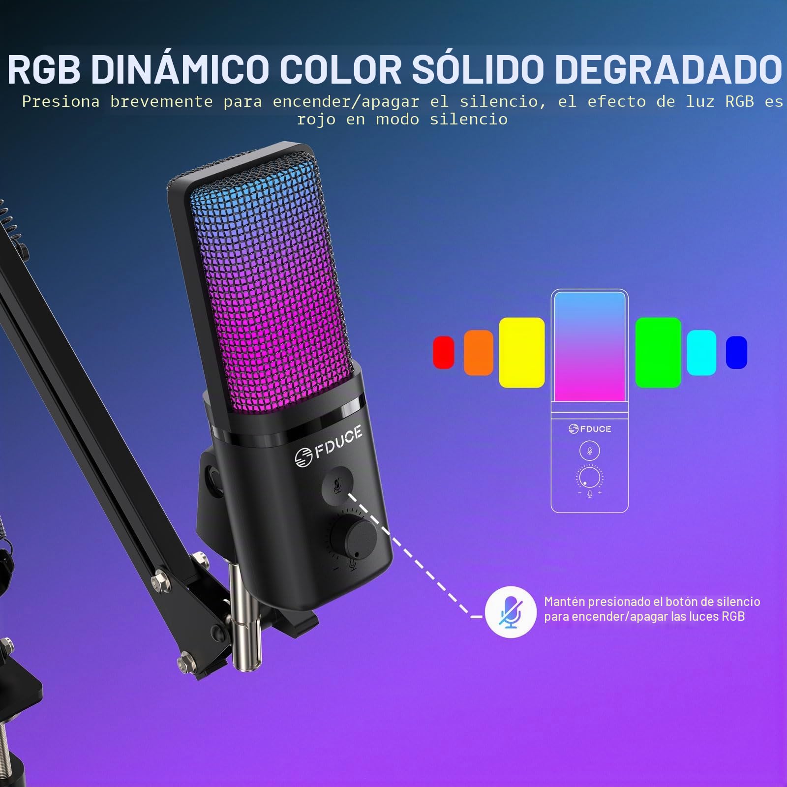 FDUCE Kit de micrófono USB para juegos para PC,micrófono de condensador RGB con conector para monitor,silencio rápido,control de ganancia,filtro pop,brazo de micrófono para streaming,podcasting,juegos