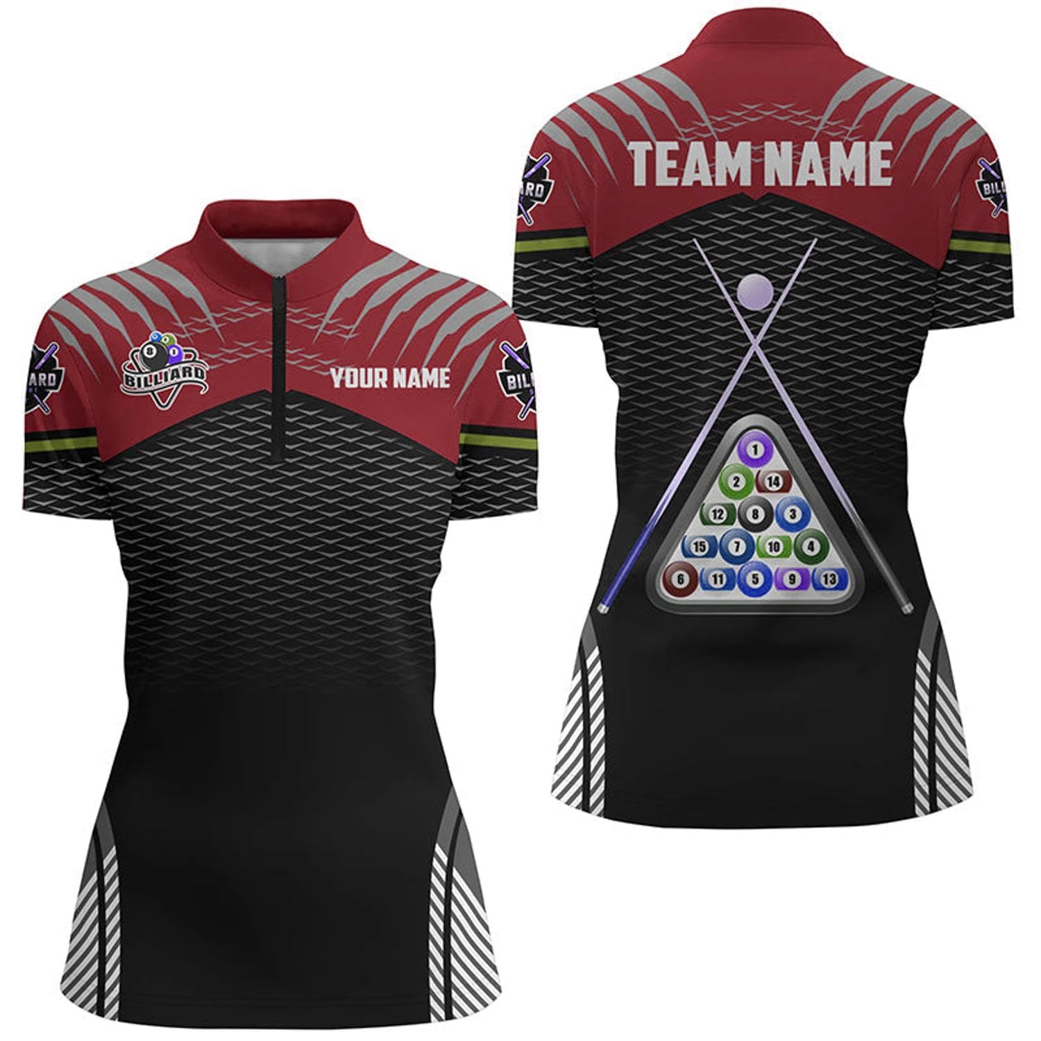 Personalized Sport Green 8 Ball Billiard 3D Quarter Zip Shirts for Women Pool Billiard Balls Jerseys V1027