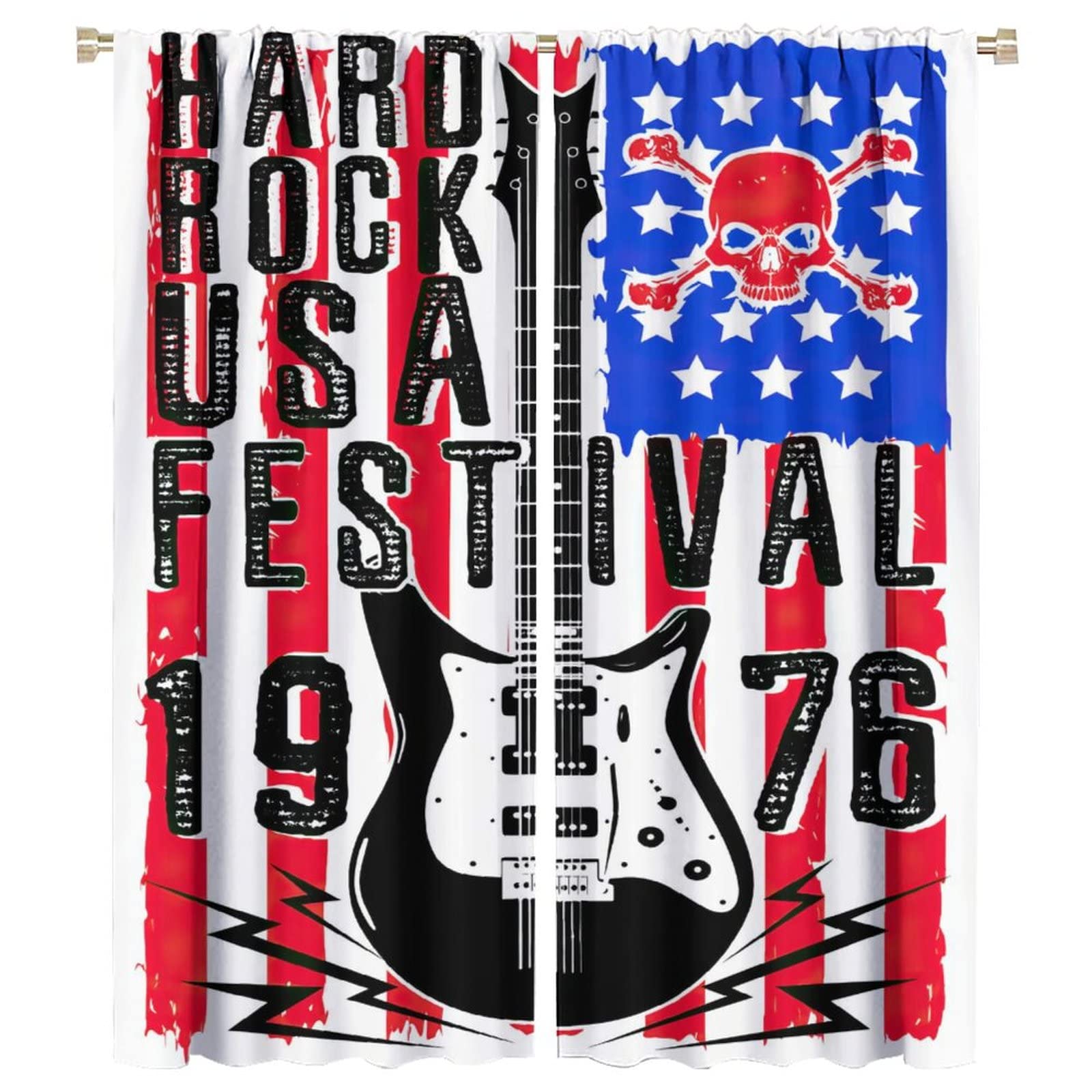 Music Curtain,American Flag Guitar Skull Skeleton Rock Musical Instrument Style Window Treatments Curtains for Bedroom Living Room Decor W42xL54in