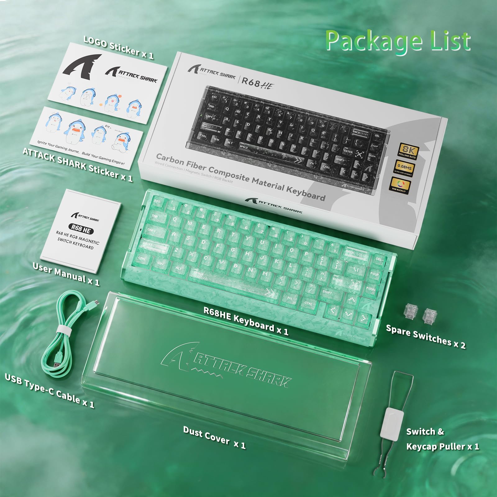 MAMBASNAKE Attack Shark R68 HE Teclado Rapid Trigger Fibra de Carbono, Cableado 8KHz Magnético, Precisión RT 0,005mm, Teclas Carbono Forjado, Amortiguación Acústica 6 Niveles, Dual Driver, Verde
