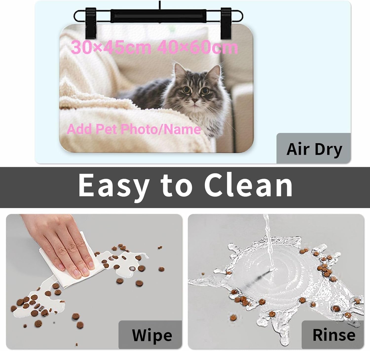 Personalized Dog Cat Food Mat Add Pet Face Photo Name, Custom Absorbent Pet Feeding Mats, Customized Non Slip Pet Bowl Placemat for Food and Water (40x60cm)