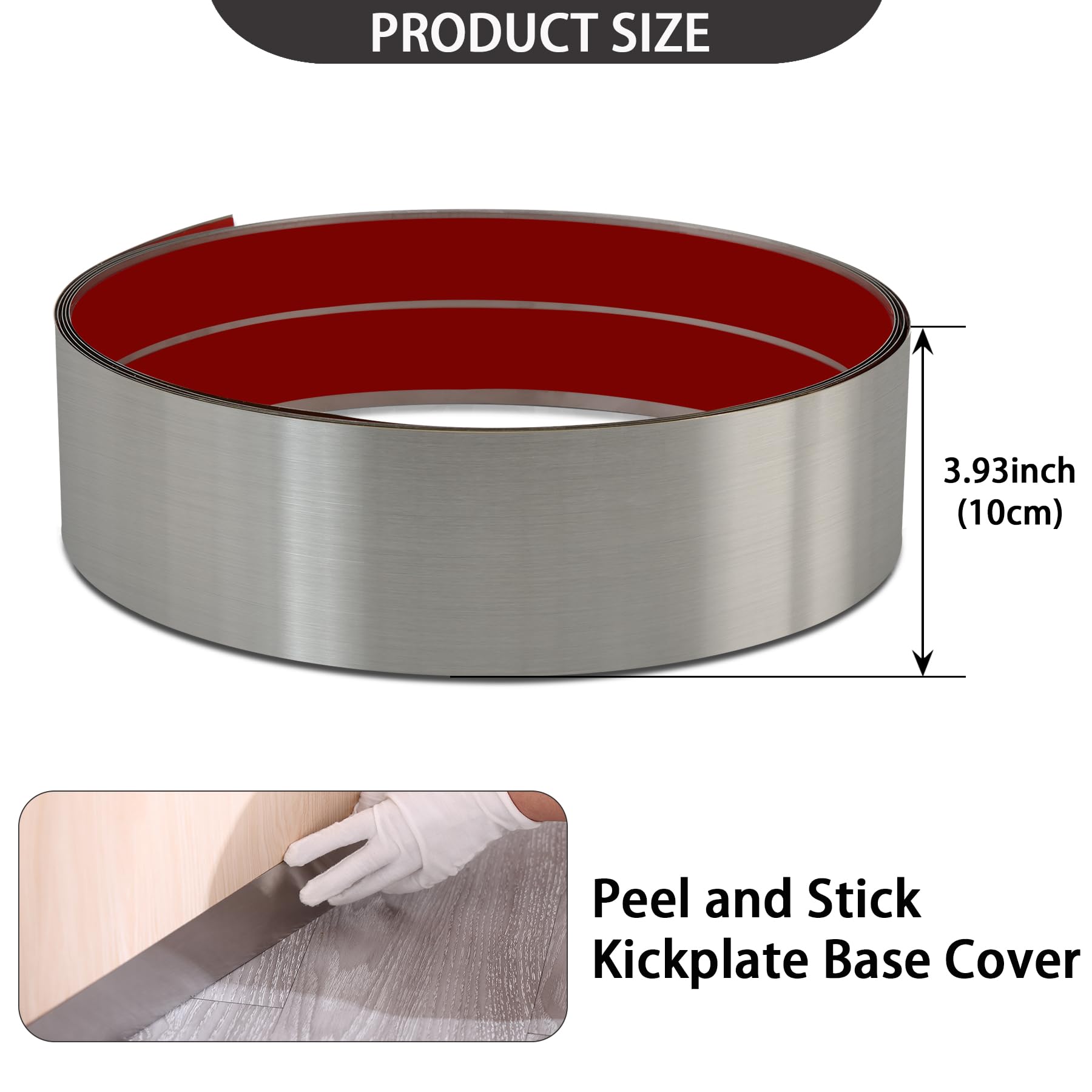 Plaque de Pied en Acier Inoxydable, Revêtement Adhésif pour Base de Plaque de Pied, Moulure de Plinthe pour Mur, Porte, Armoire de Cuisine - Protection Anti-Rayures (3m x 10cm, Argent brossé)