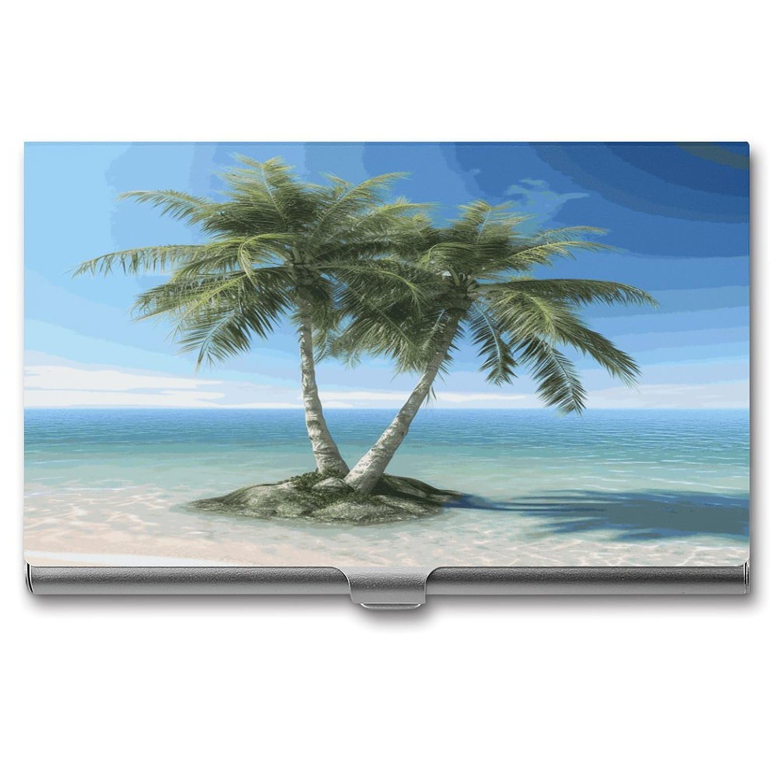 JTREHY Sea Palm Trees Business Card Holder Slim Purse Name Card Holder Portable Metal Business Card Case Wallet Large Capacity Lightweight Business Card Case for Men Women