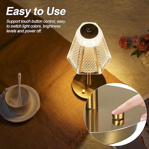 Miniatura 3 de Neoglint Cordless Table Lamp - Touch Control Rechargeable Battery Powered Crystal Table Lamp, 3 Colors Temperature & Stepless Dimmable Bedside Lamp