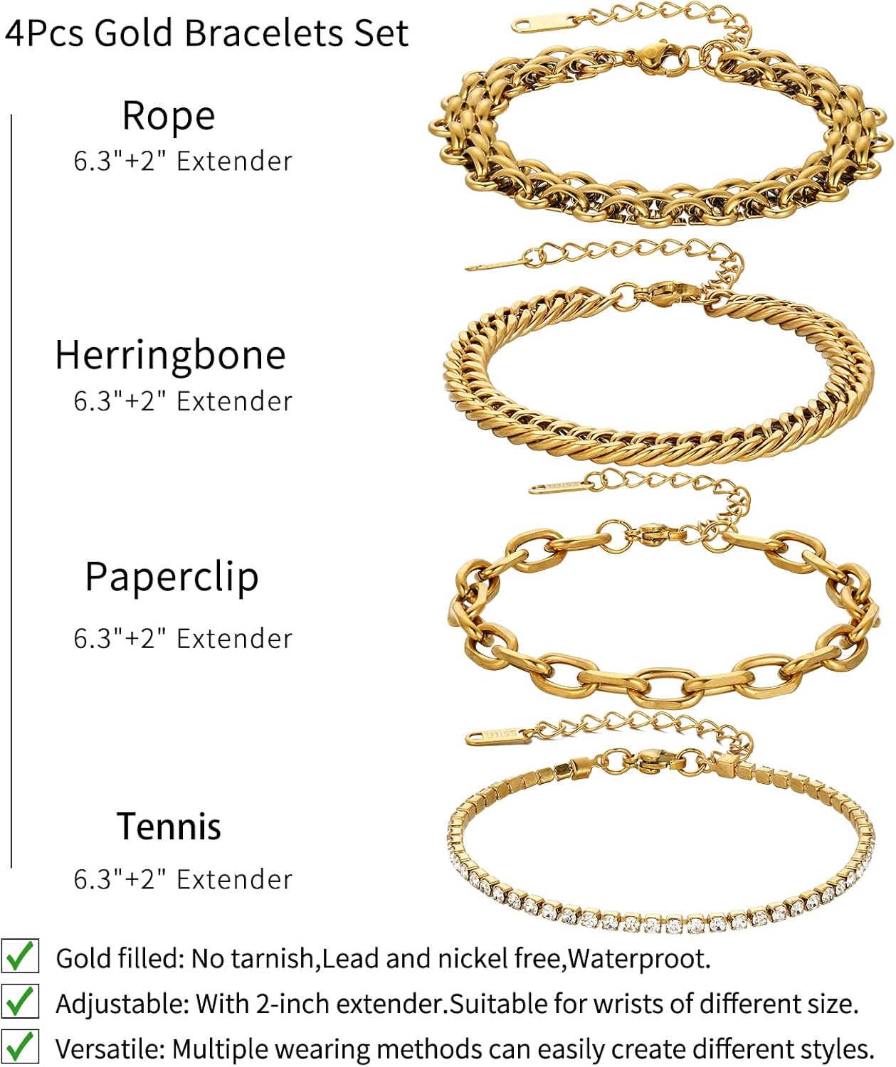 Gold Link Bracelet for Women,Trendy 14K Gold Dainty Bracelet Set Thin Stackable Cuban Link Paperclip Chain Bracelet Pack Fashion Summer Jewelry Gifts - Image 3
