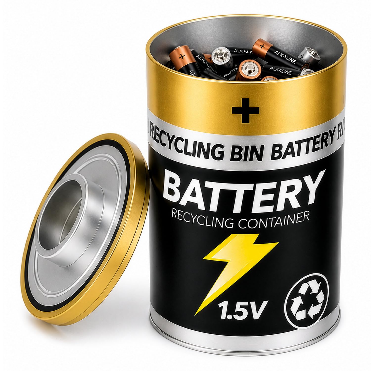 CKB LTD Battery Waste Recycling Bin Small Storage Container Tin For Used Batteries Novelty Design To Recycle And Help The Environment Ideal For Home Use, Office Desks Or Shop Counters 21.5 x 12cm