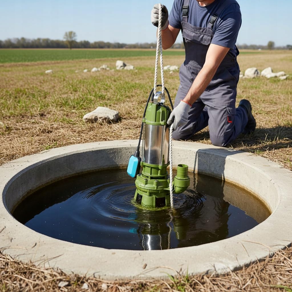 Schmutzwasserpumpe MORO 1100R mit Doppelschneidwerk (1100 W, 20.400 l/h, max. Förderhöhe 12 m) – Profi Tauchpumpe mit Zerkleinerer - Fäkalpumpe für Abwasser und Klärgruben - mit Schwimmerschalter