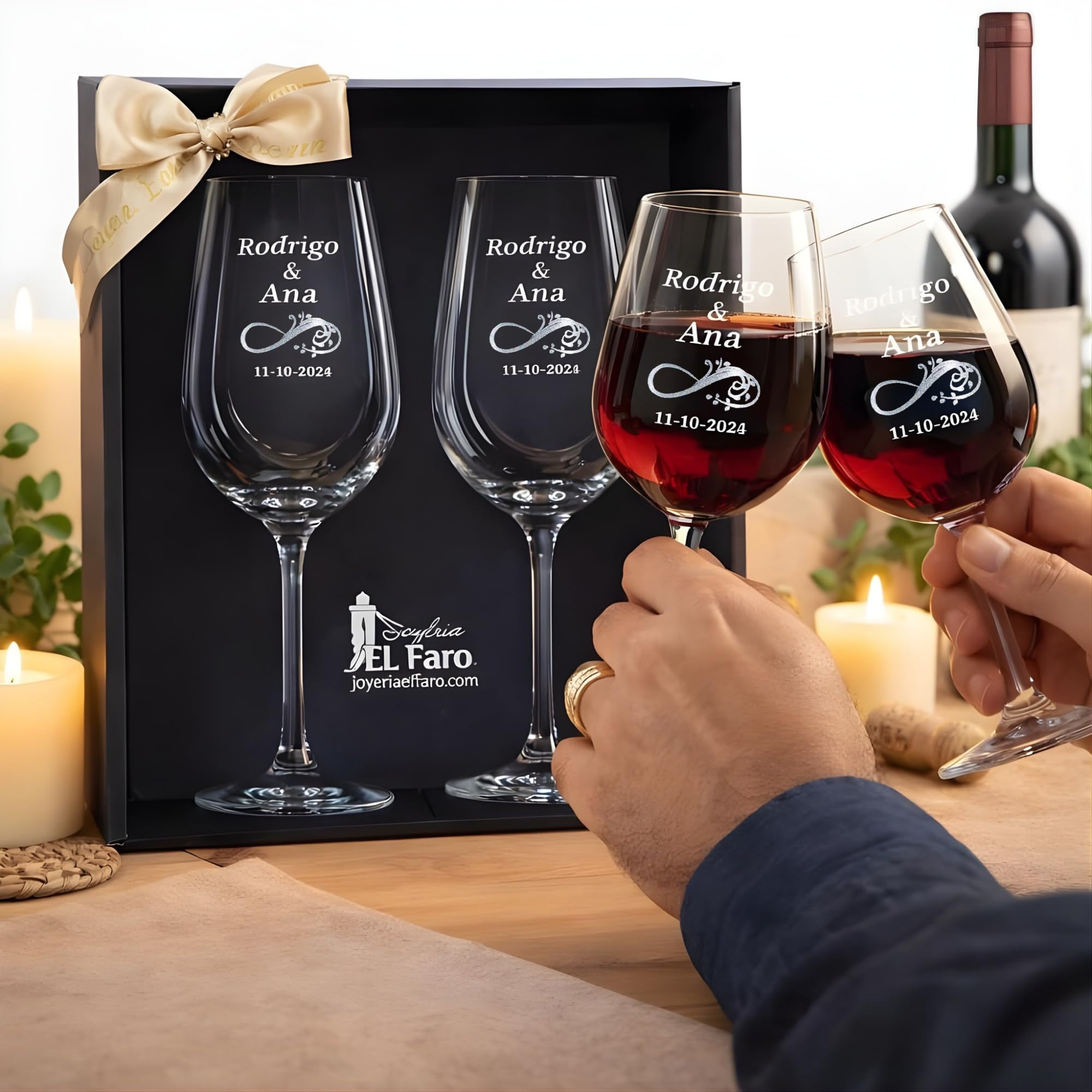 JOYERIA EL FARO | Copas de vino personalizadas | Estuche premium incluido | Brinda y celebra el amor (Infinito)
