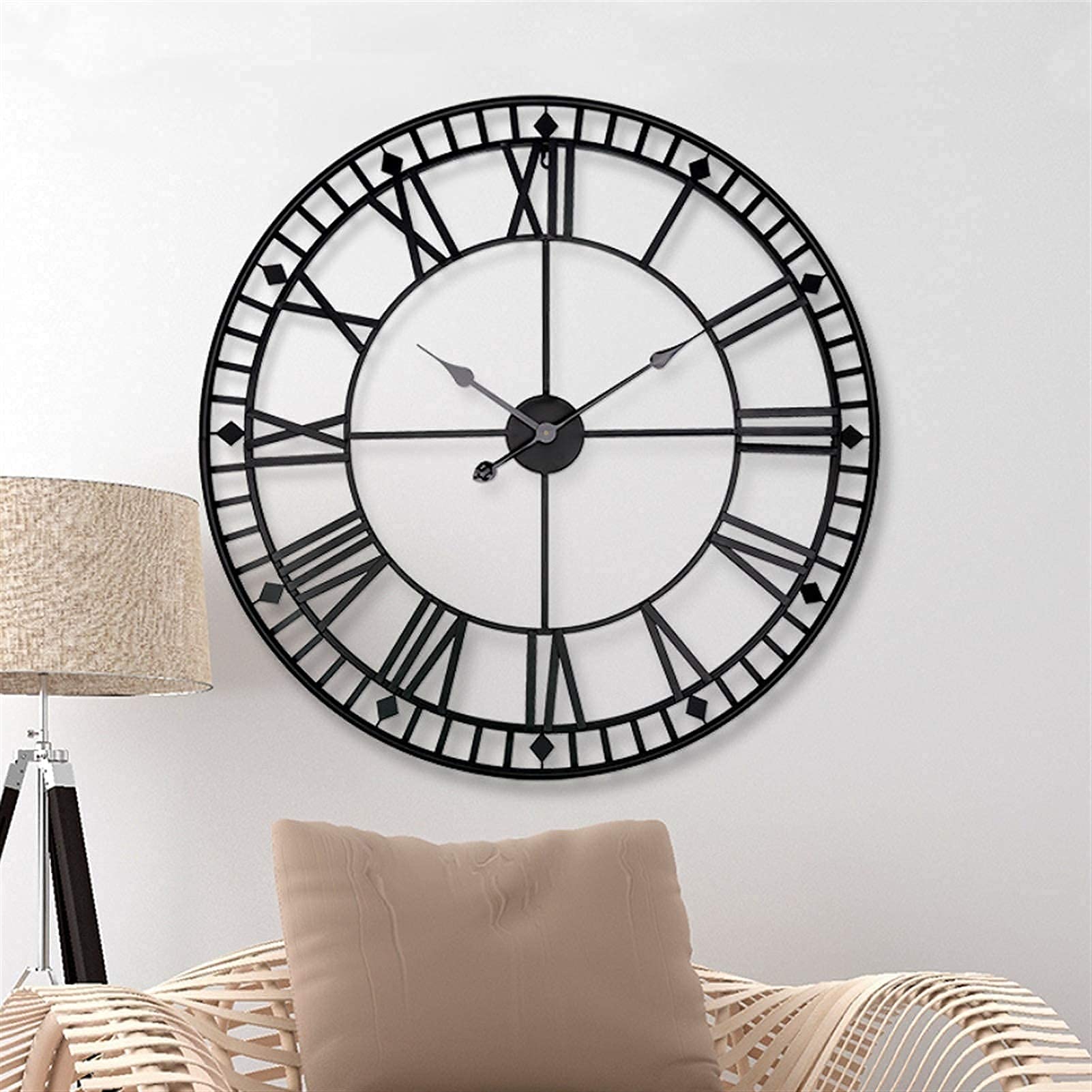SaryEdge Wall Clock 80Cm Modern 3D Large Retro Iron Round Art Hollow Metal Wall Clock Nordic Roman Numerals Clock,Black,Black,Black