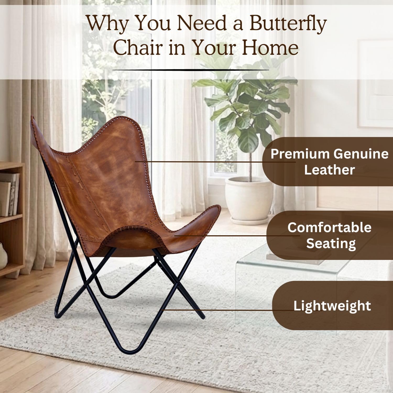 Shy Shy Brown Vintage Leather Arm Folding Chair/Genuine Antique Leather Butterfly Chair Home Décor/Handmade Chair (with Fold-able Stand) - Camping-Hiking-Chairs