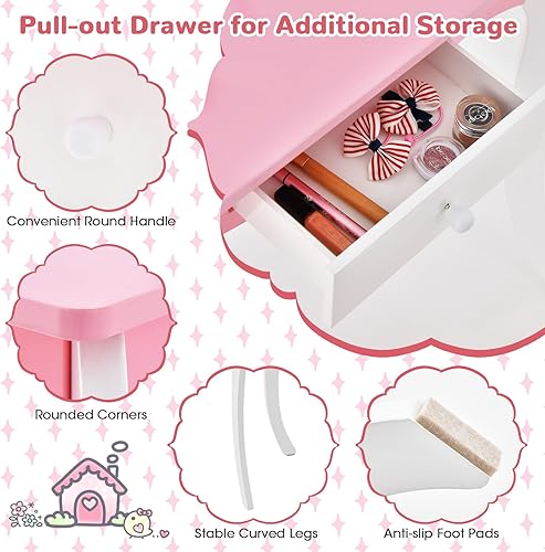 Miniatura 4 de HONEY JOY Vanity - Juego de mesa y silla de maquillaje de madera para niños, espejo de princesa de tres pliegues, juego de tocador para niñas