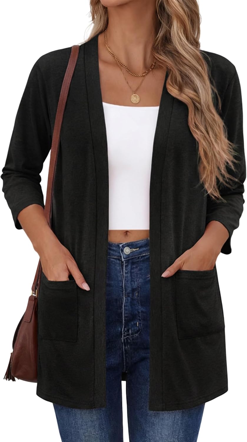 Zeagoo Women's Casual Lightweight Cardigan 3/4 Sleeve Open Front Loose Thin Cardigans with Pockets