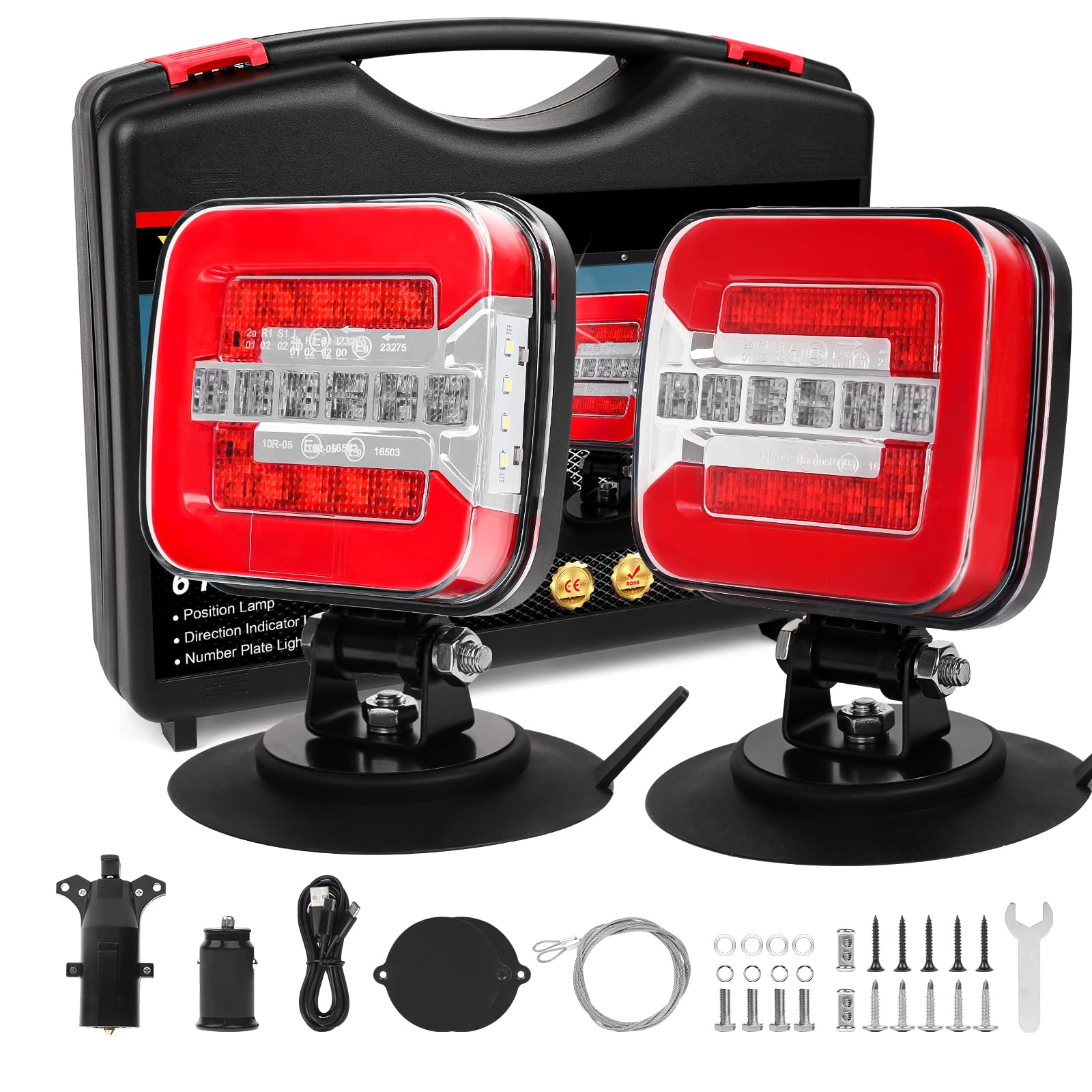 Wireless Trailer Lights Kit with Adjustable Bracket, IP67 Waterproof Rechargeable Magnetic LED Tow Light with Brake Turn Tail Reverse Signals for Truck, RV, Boat &amp; Trailers (USB-C)