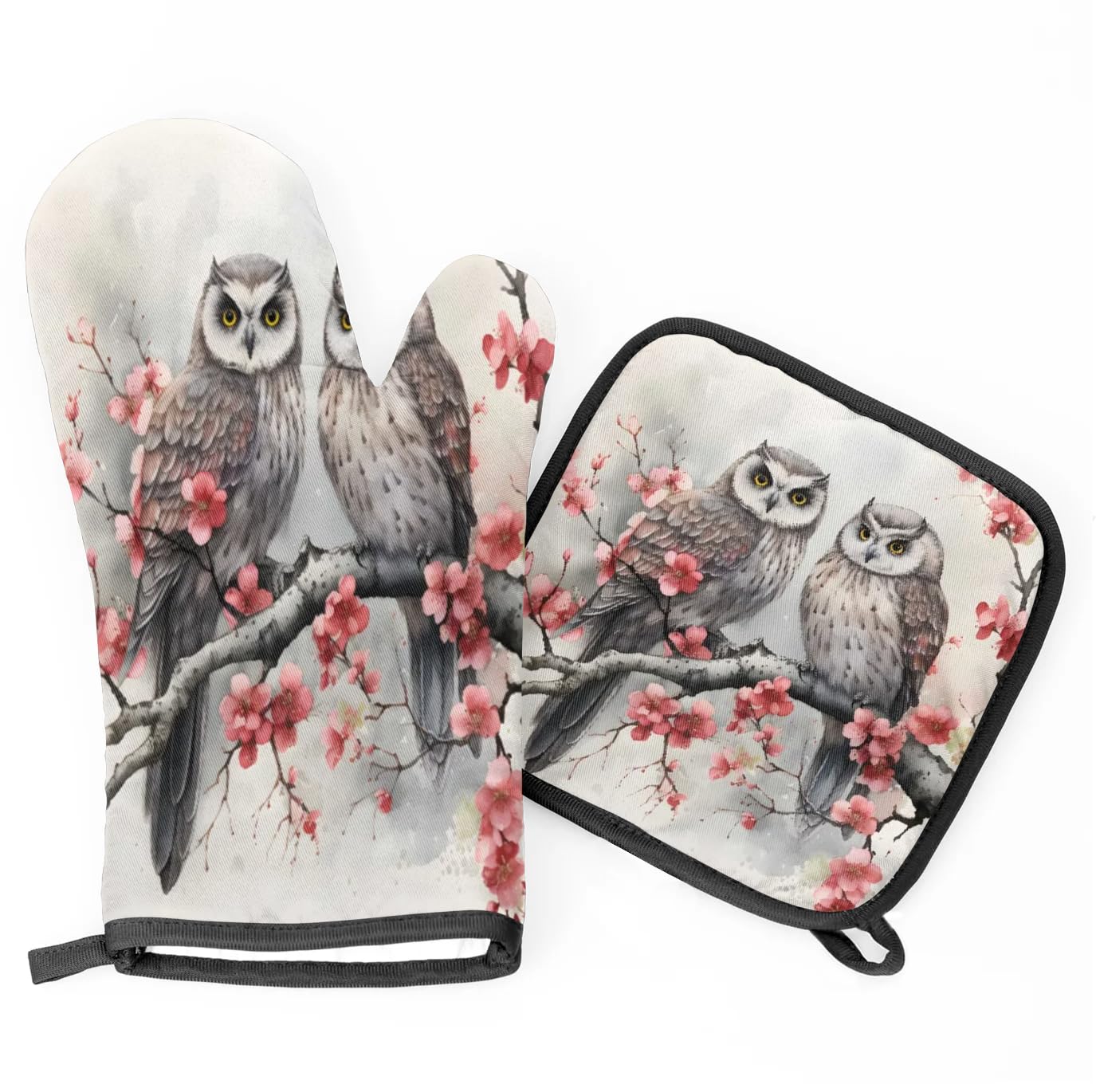 Owls Flowering Branches Oven Mitts Kitchen Oven Gloves for Cooking Baking Heat Proof Lining Cotton Kitchen Potholder Mittens Pot Holders Hot Pads for Chef Women Men