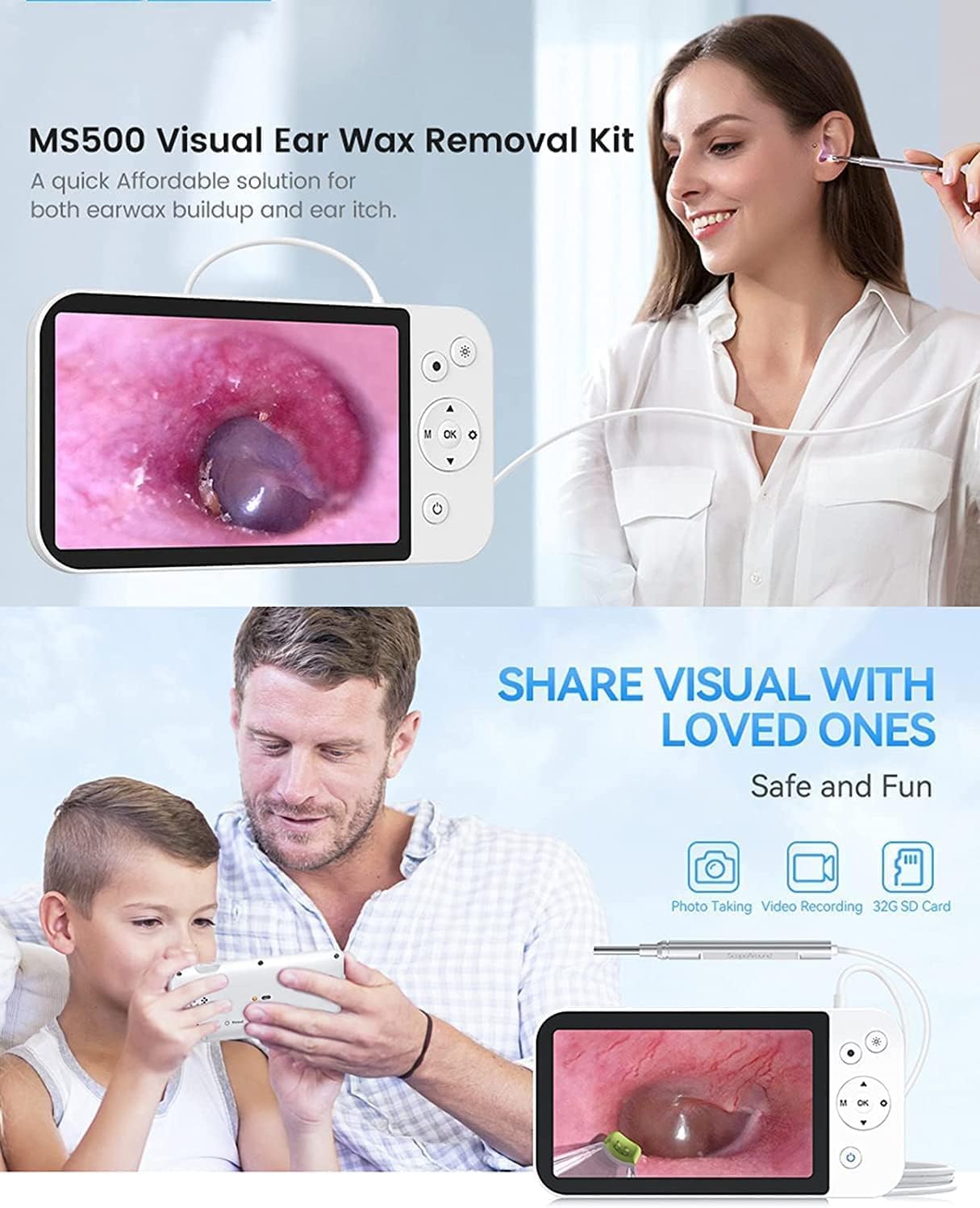 Cámara Otoscopio Digital USB Portátil, Otoscopio de 3,9 Mm con Pantalla de 5 Pulgadas, Pantalla HD 1080P, Limpiador de Oídos, Eliminación de Cera de Oído con Cámara para Niños Y Adultos