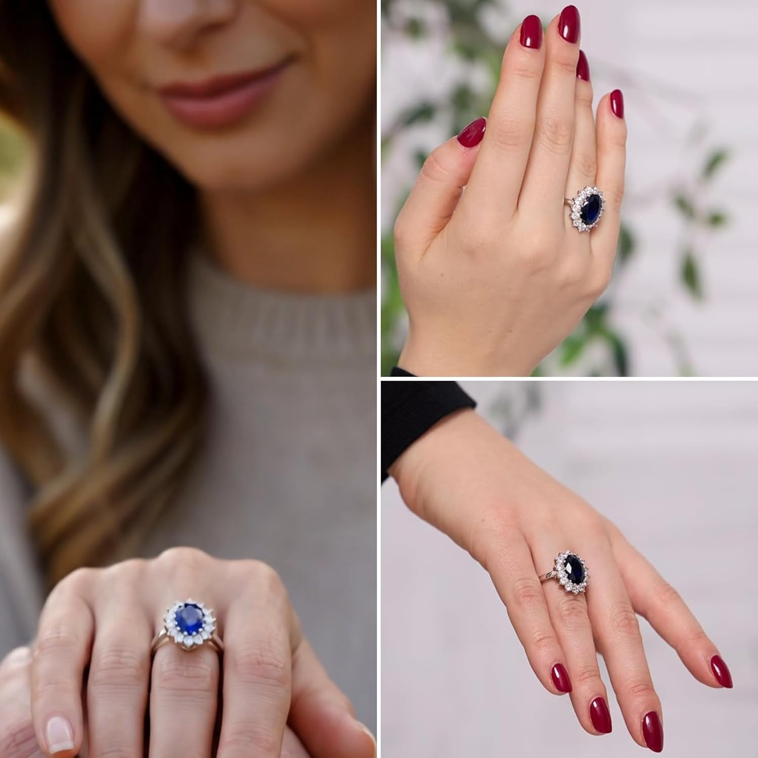Beaux Bijoux Sterling Silver Large Oval Created Blue Sapphire and Clear Cubic Zirconia Statement Bridal Engagement Princess Diana/Kate Middleton Royal Ring