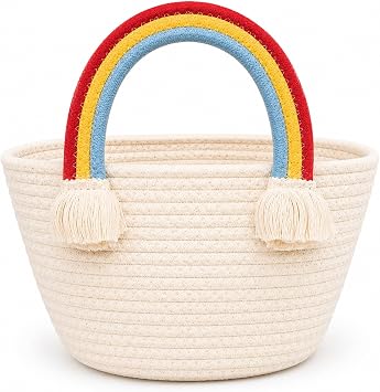 Woven Storage Basket with Rainbow Handle Tassel for Nursery | Portable Woven Basket With Tassel And Colorful Handle For Nursery Toys Books Gifts And Room Organization
