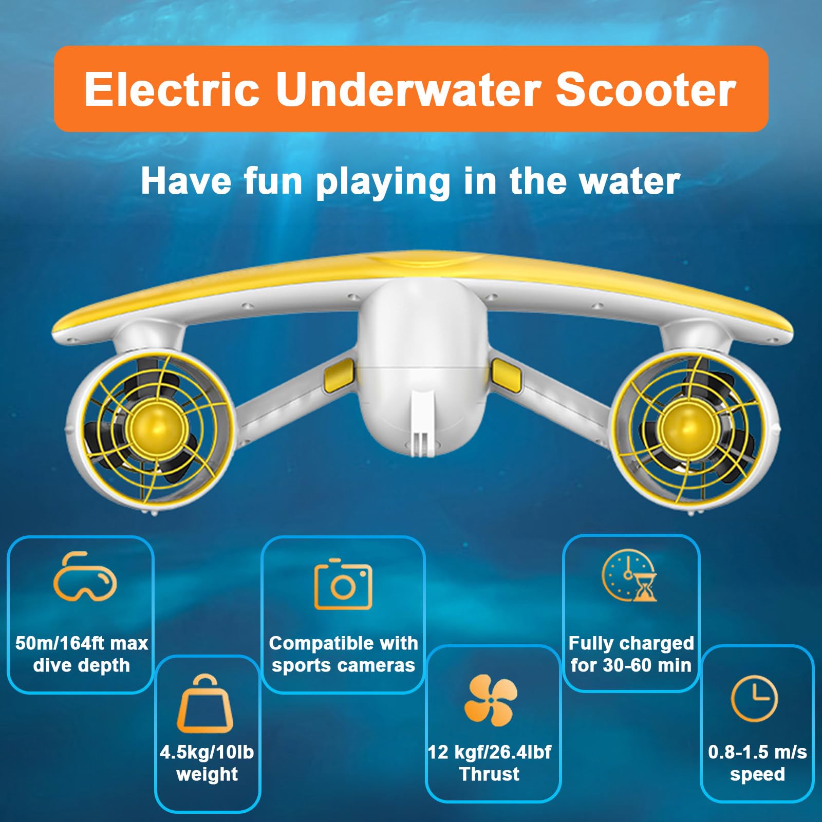 Scooters Submarinos Eléctricos, Scooter Submarino Portátil De 6000 mAh, con 2 Configuraciones De Velocidad, Autonomía De 30 A 60 Minutos, Profundidad Máxima De Buceo De 50 m