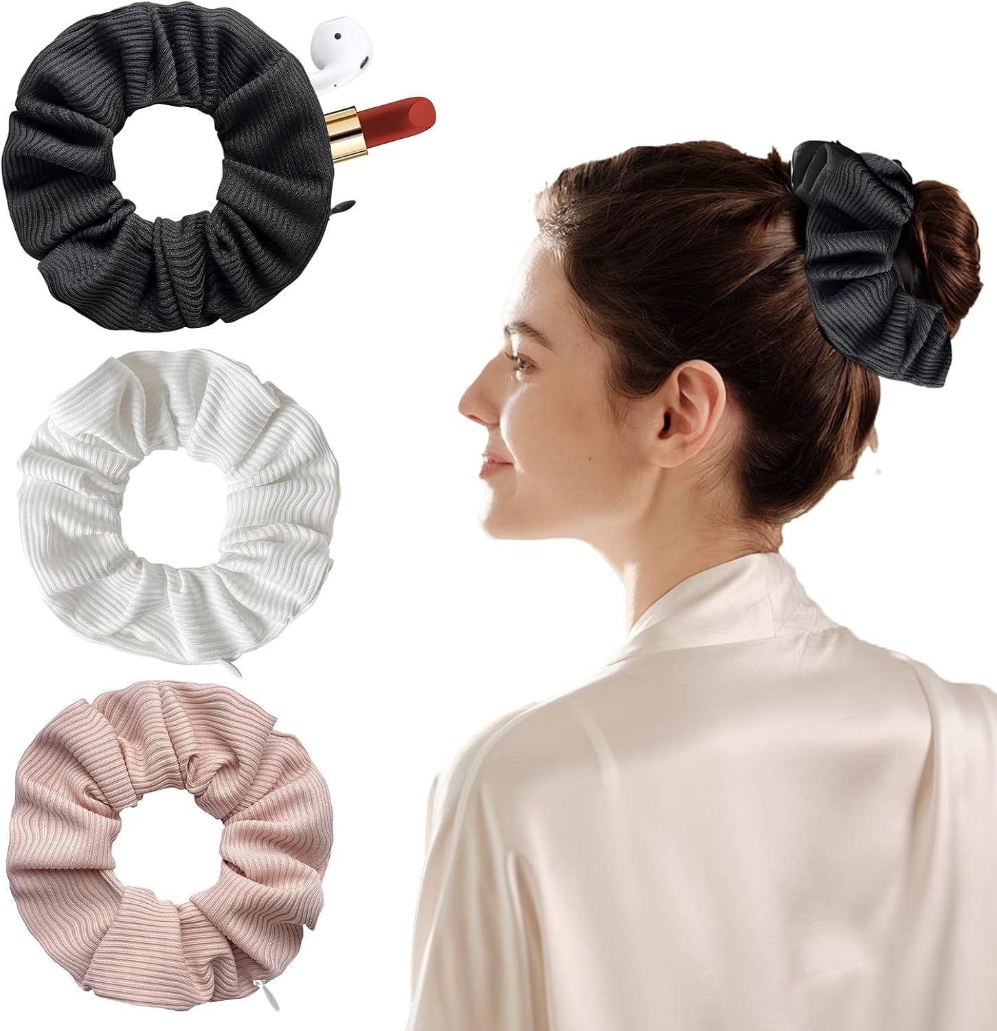Pack of 3 Women’s Hair Bobbles, Money Hide with Zip Pocket, Striped Knit Hair Rings, Travel Gadgets for Women, Can Store Valuables (Black, White, Pink)