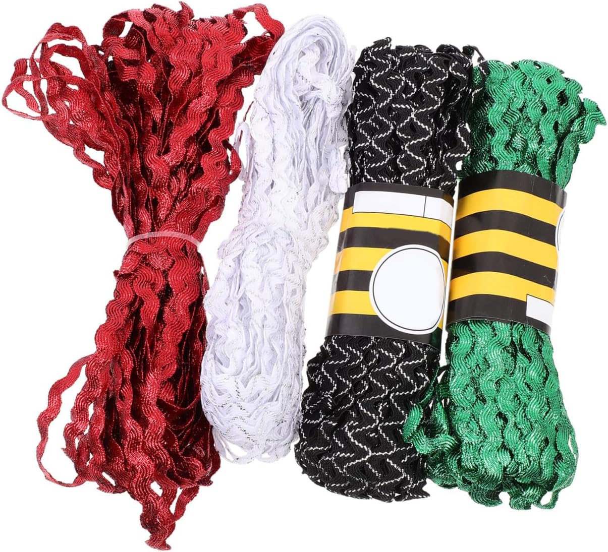 4 Rolls 5mm Wave Bending Rickrack Ribbon Sewing Trim for Dressmaking Craft DIY in Red Green White Black-White, Floral Decorative Ribbon for Apparel and Home Decor