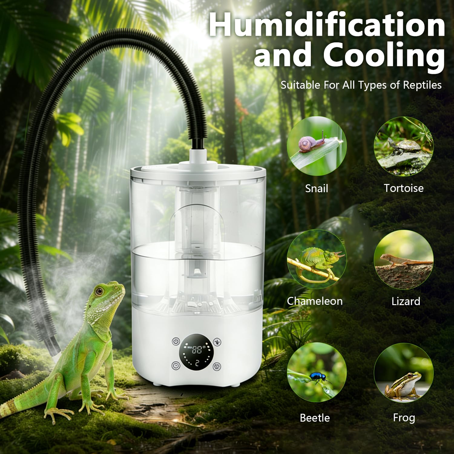 Humidificador para Reptiles, 4 L Gran Tanque Brumizador para Terrarios con Mando a Distancia y 2 m Tubo, Difusor ultra silencioso para Anfibios, Reptiles y Plantas Acuáticas