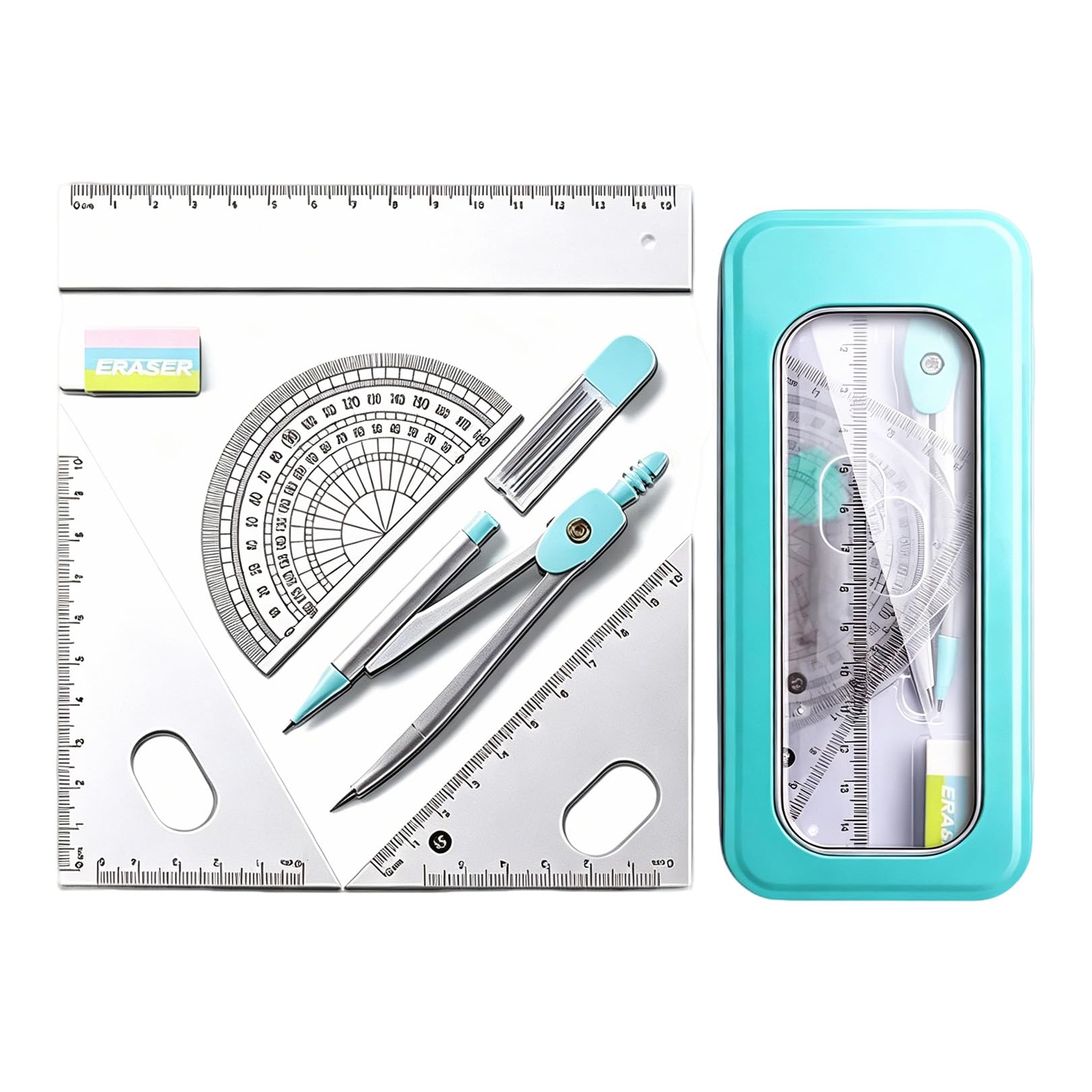 Protractor And Compass Set,Geometry Sets for Secondary School Stationery Supplies Pink Aesthetic Cute Math Kit Maths Set Kids Drawing Equipment Box,for Girls Students Teaching (Blue green)