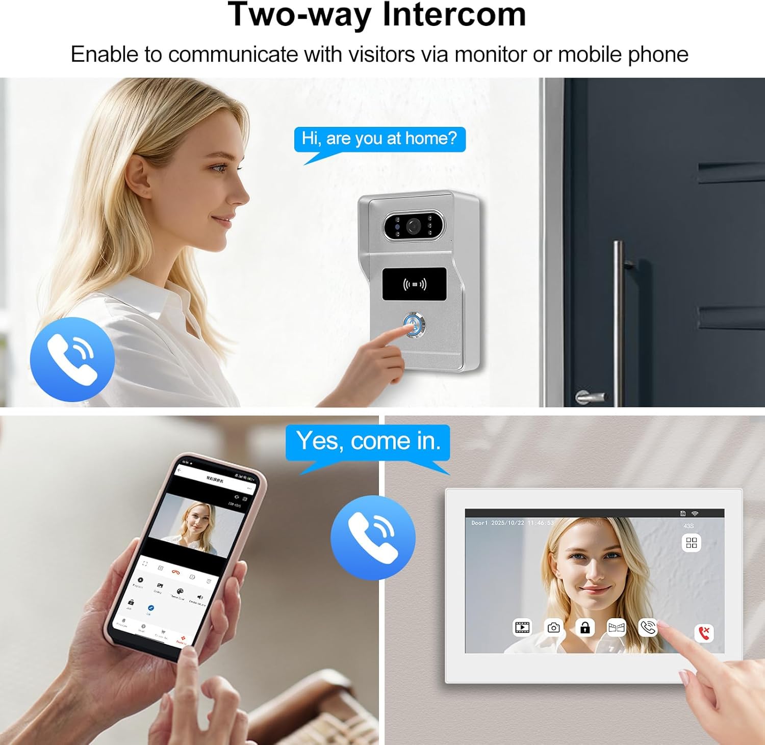 Diagram showing the dimensions of the indoor monitor and outdoor doorbell unit.
