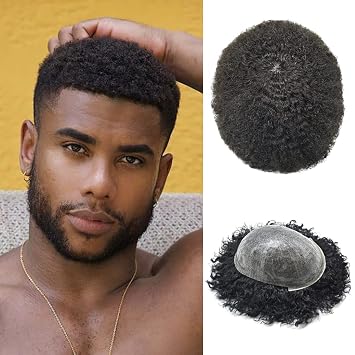 Hair Units for Black Men All Injected Pu 6mm Man Weave Kinky Curly Afro Toupee 8x10inch Full Poly Wave Human Thin Skin Pieces for Black Men 1# JET BLACK