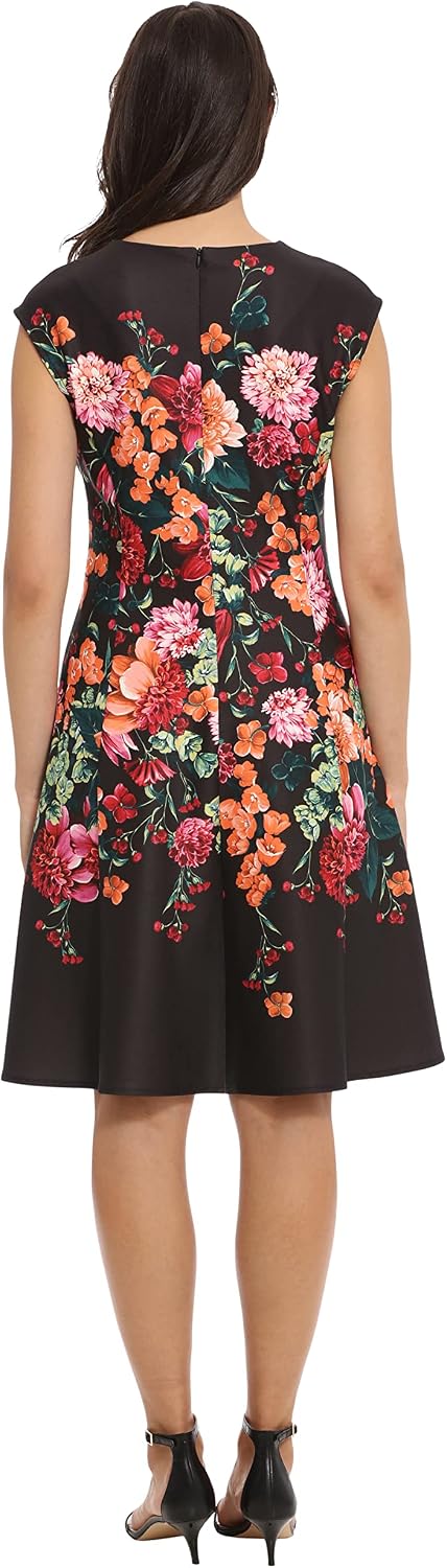 London Times Women's Women's Dresses Feminine Floral Split Neck Flattering Fit and Flare Career Guest of Chic Polished