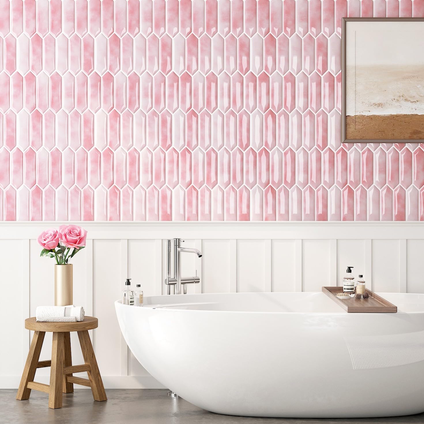 FunStick 30×30CM 30 Baldosas Adhesivas Cocina Paredes Azulejos Adhesivos Baño Rosa Impermeable Azulejo Adhesivo 3D Losetas Adhesivas Cocina Lavadero Vinilo Adhesivo Pared Rosa Azulejos Adhesivos Pared