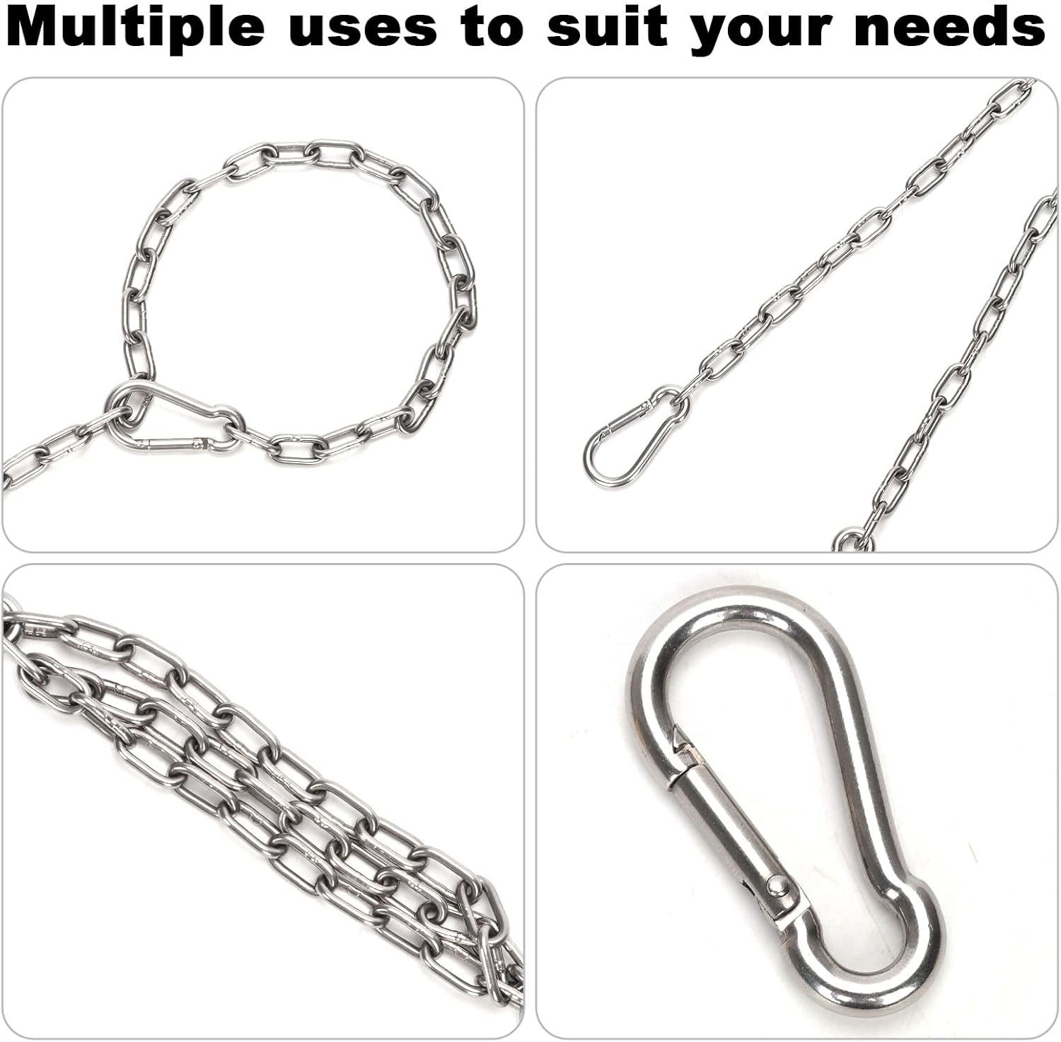 Gate Chain, 24.02 Inch Stainless Steel Hanging Swing Security Heavy Duty Chain with Double-Ended Carabiners Farm Door Link Lock Latch for Indoor Fence Outdoor Hammock Accessories (3mm Thick, Silver)