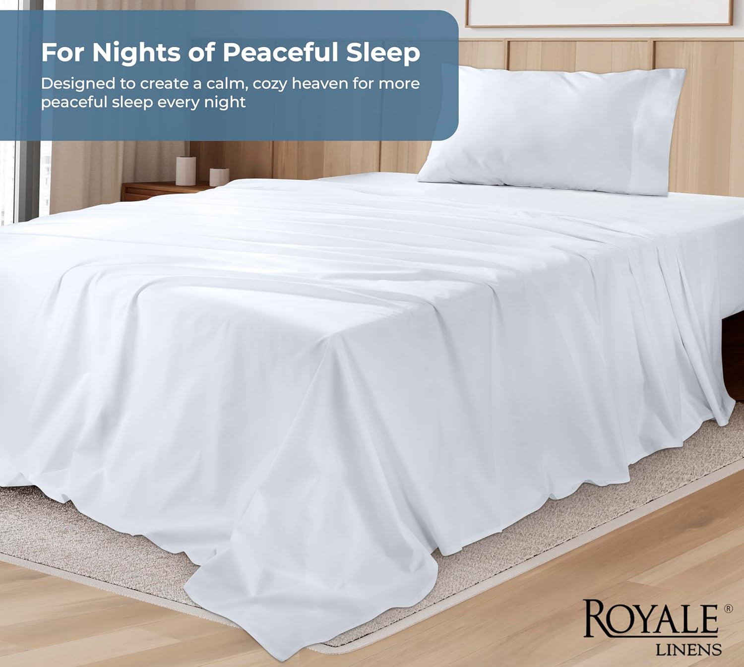 ROYALE LINENS 100% Organic Cotton Twin Sheet Set - Percale Weave - 3 Pieces Set - 1 Flat, 1 Deep Pocket Fitted Sheet and 1 Pillowcases - White Bed Sheets - Sábanas Twin - Crisp Cool (White)